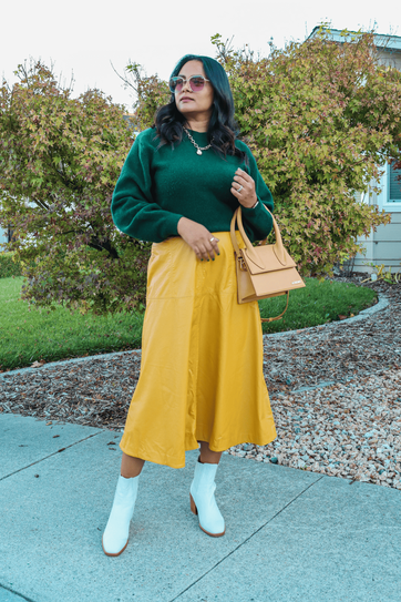 midi skirt and boots outfit