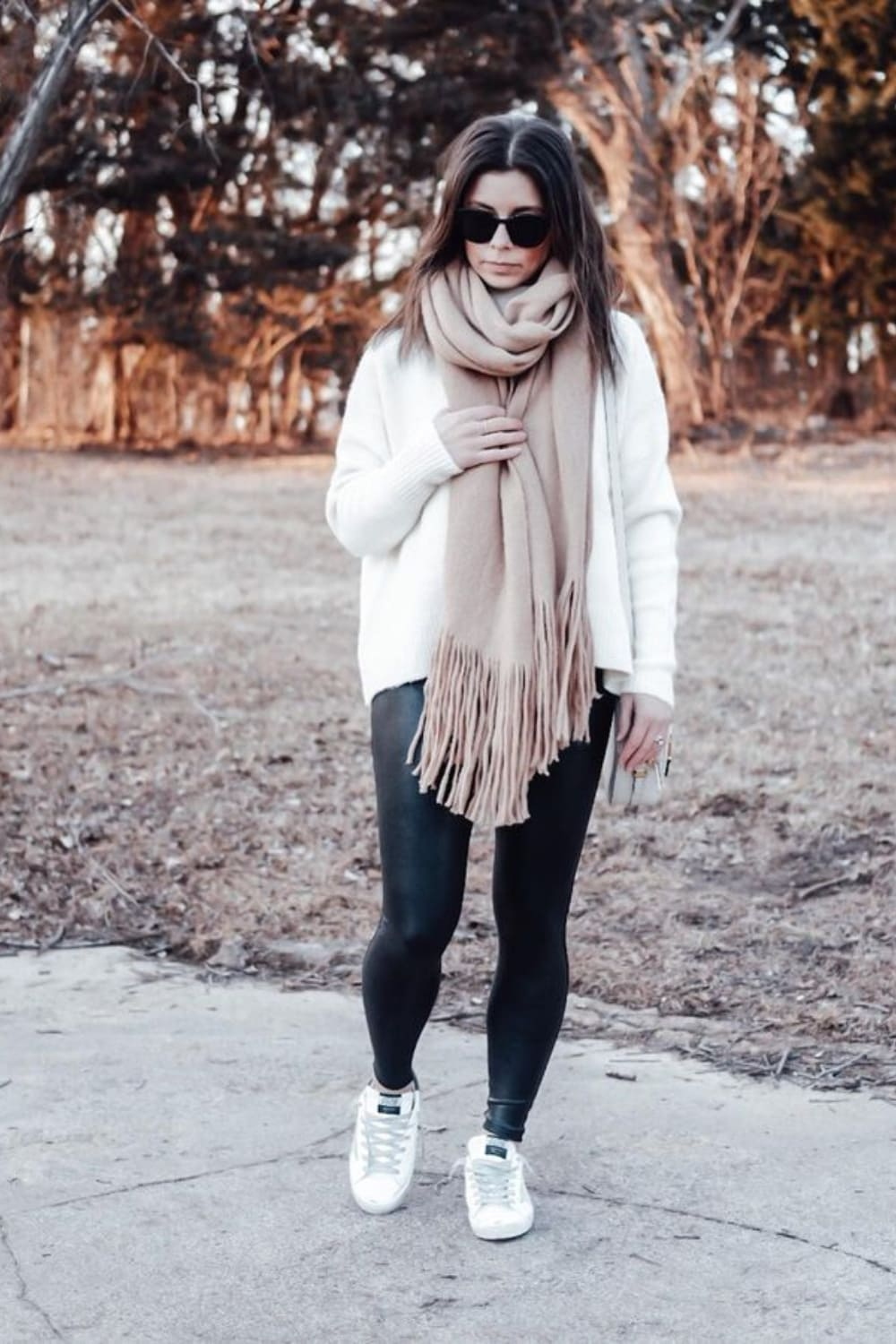 Faux Leather Leggings with Long Sweater and Scarf