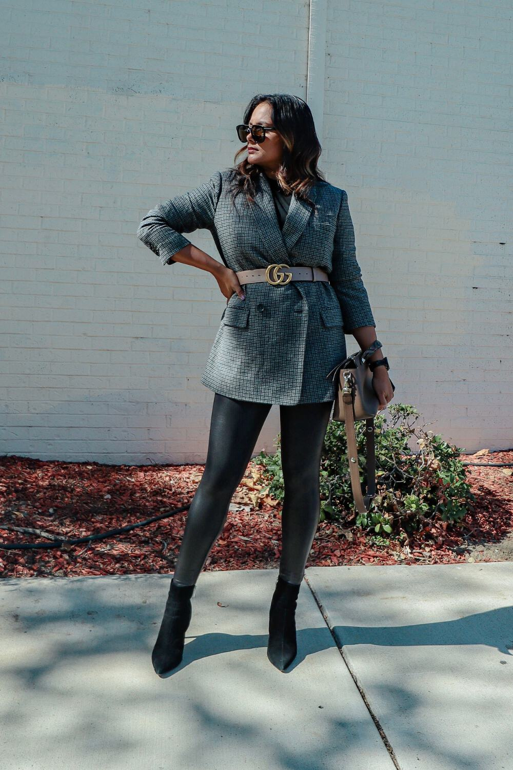 Faux Leather Leggings with Plaid Blazer Outfit