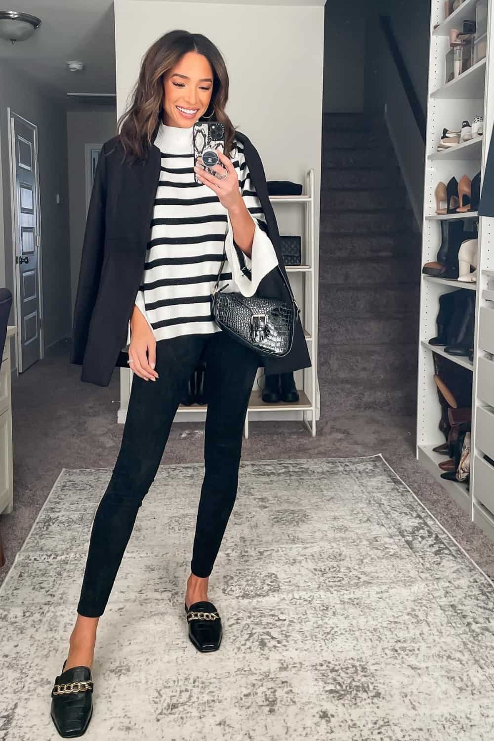 Black faux Leather Leggings with Striped Sweater Outfit