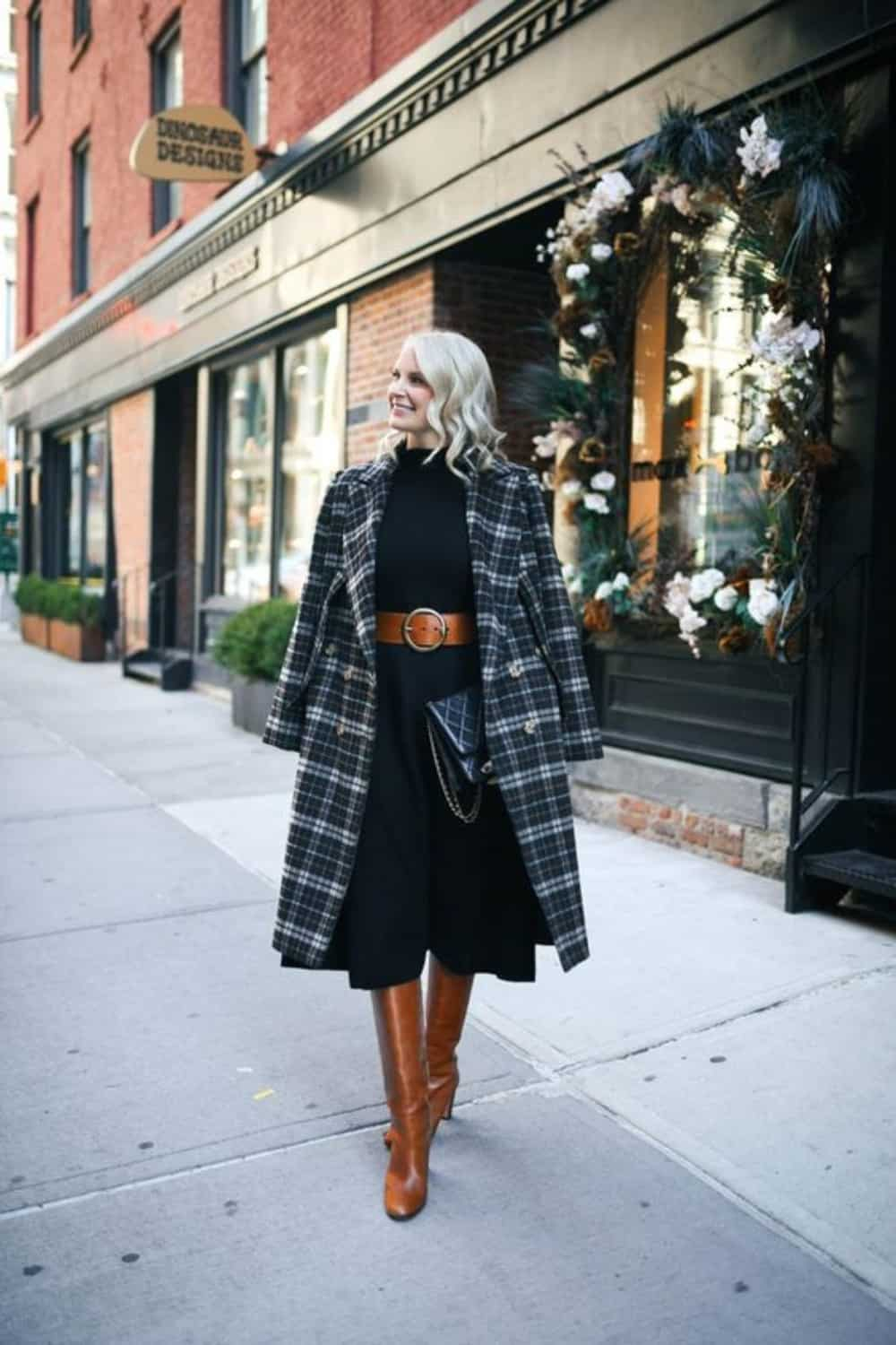 Plaid Coat with Black Sweater Dress and Tall Boots