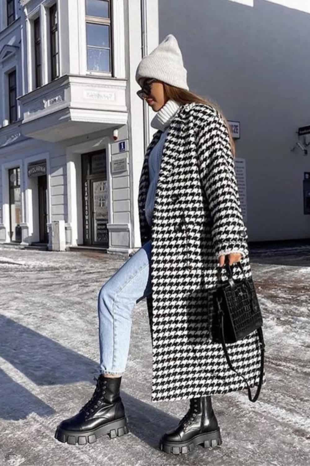 Plaid Coat outfit with Combat boots and blue jeans