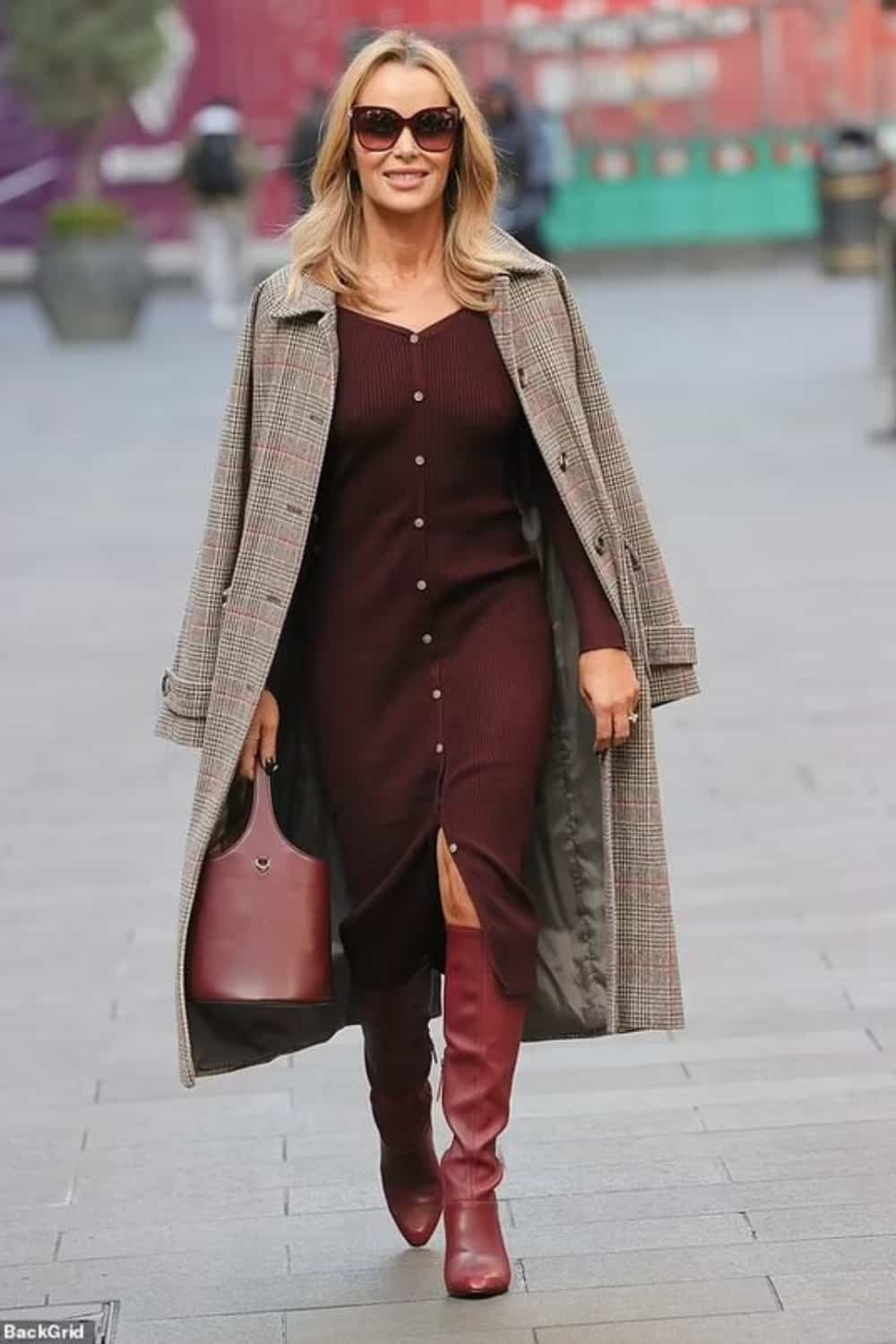Plaid Coat Outfit with Burgundy Sweater dress and burgundy boots