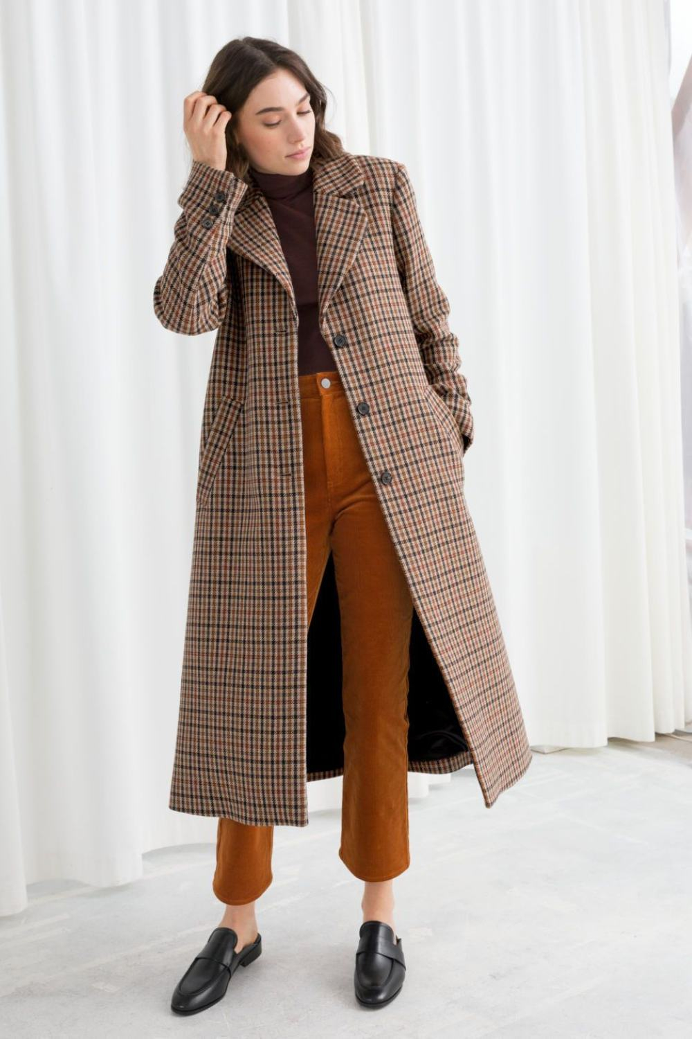 Plaid Coat Outfit with Corduroy pants and loafer mules