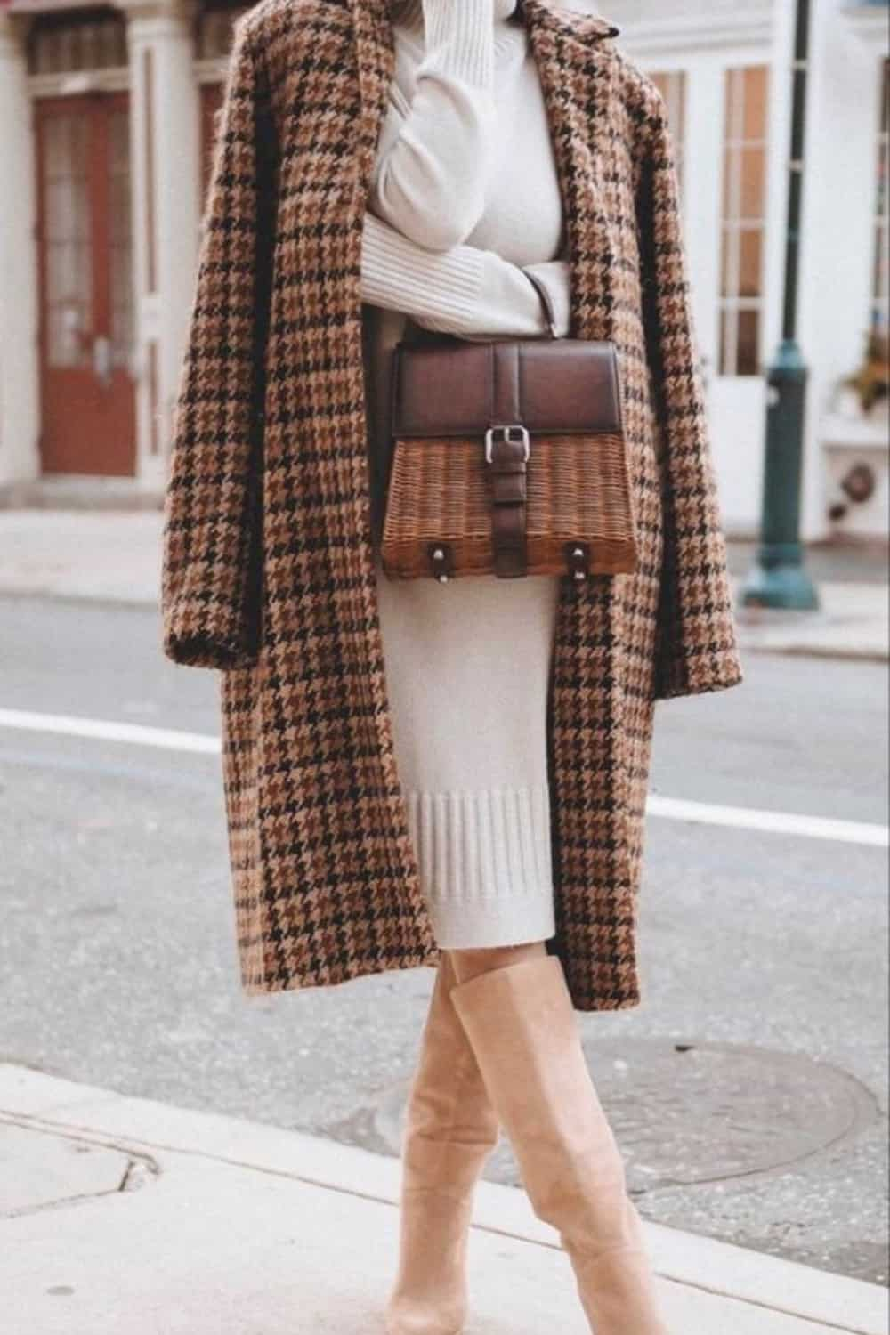 Plaid Coat Outfit With White Sweater dress and Nice Tall Boots