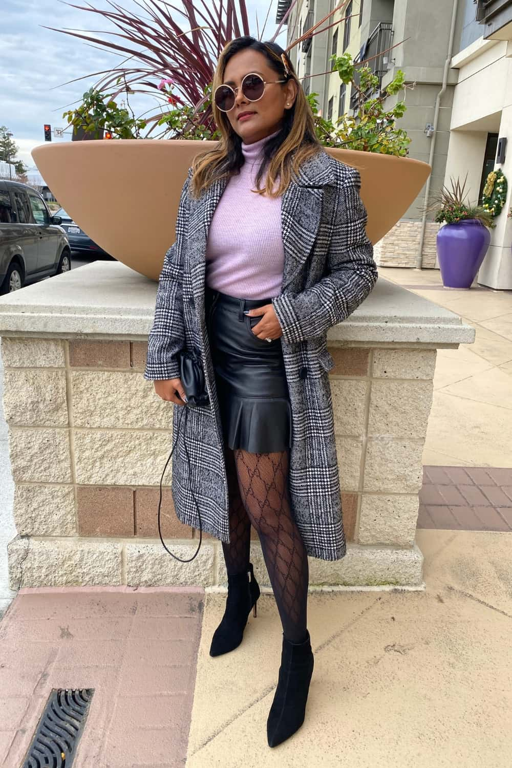 Plaid Coat Outfit with Black Leather Skirt and Patterned Tights
