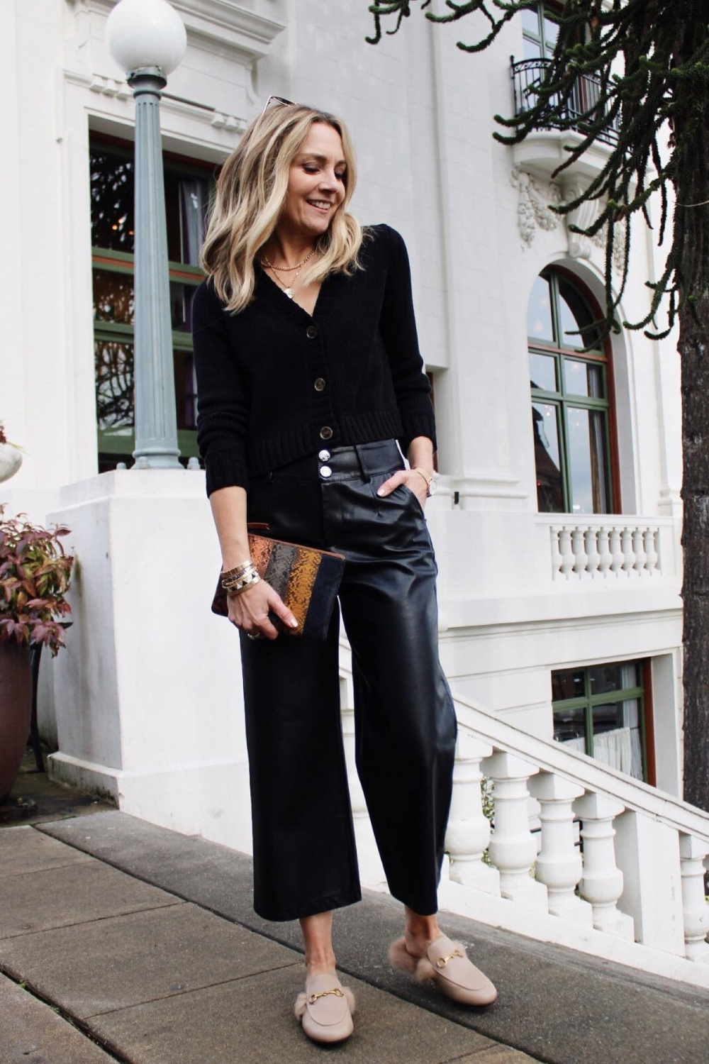 Black Cardigan outfits - With Faux Leather Pants and Loafers