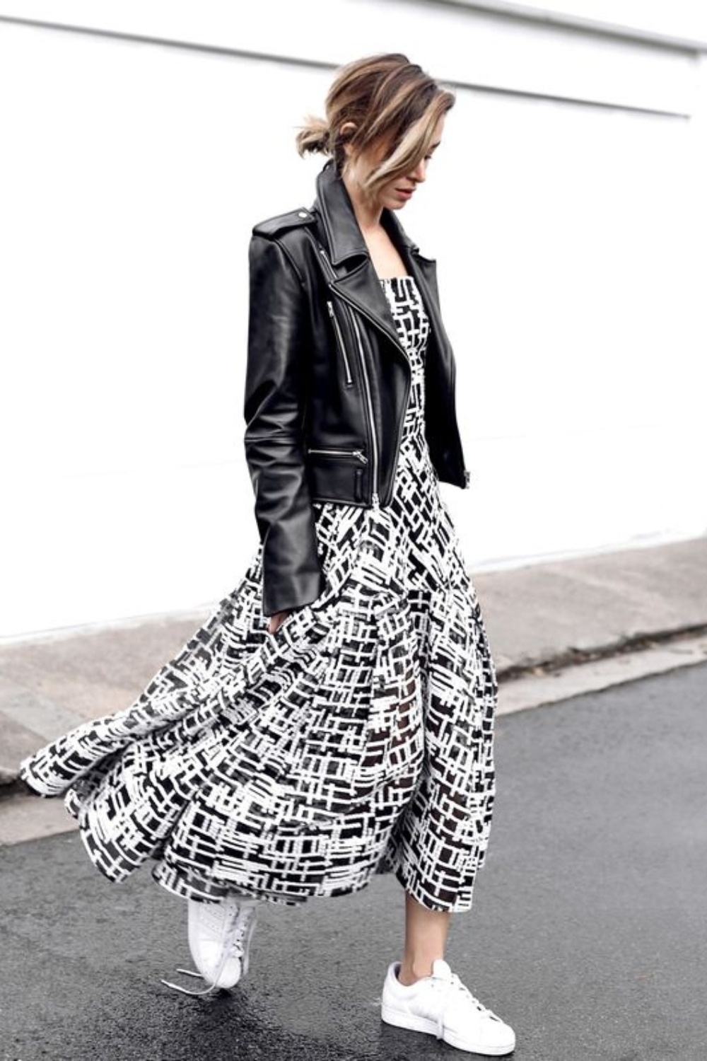 Black Leather Jacket with    maxi dress and sneakers outfit