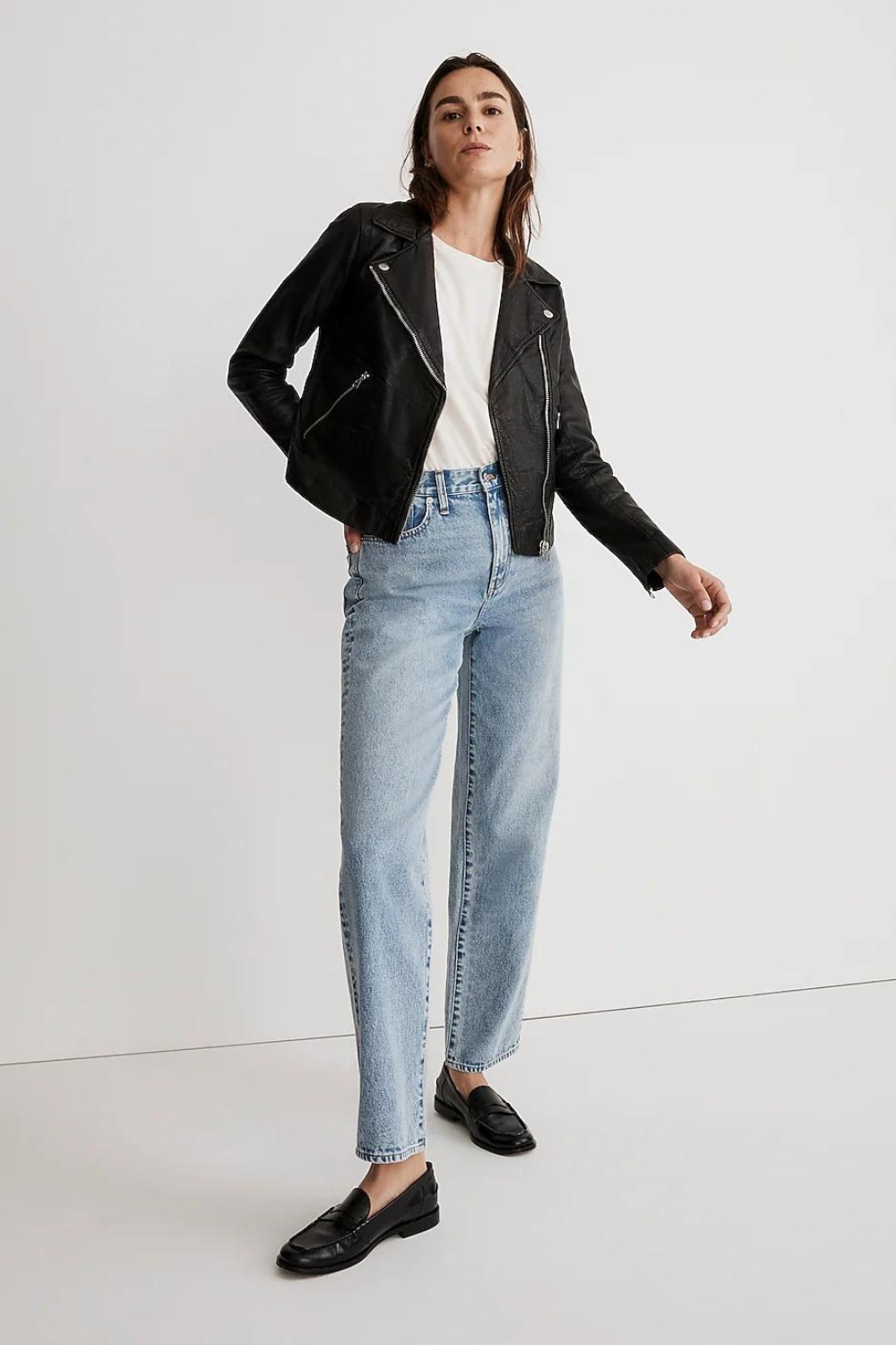 Black Leather jacket outfit with straight leg jeans and loafers