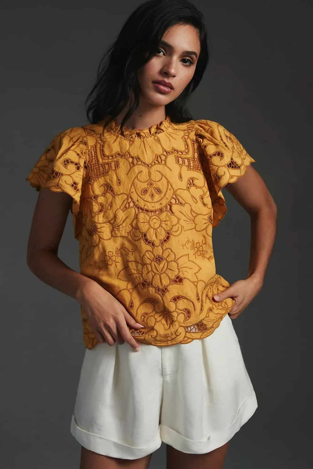 Anthropologie Ruffle-Collar Lace Cutout Blouse in Yellow
