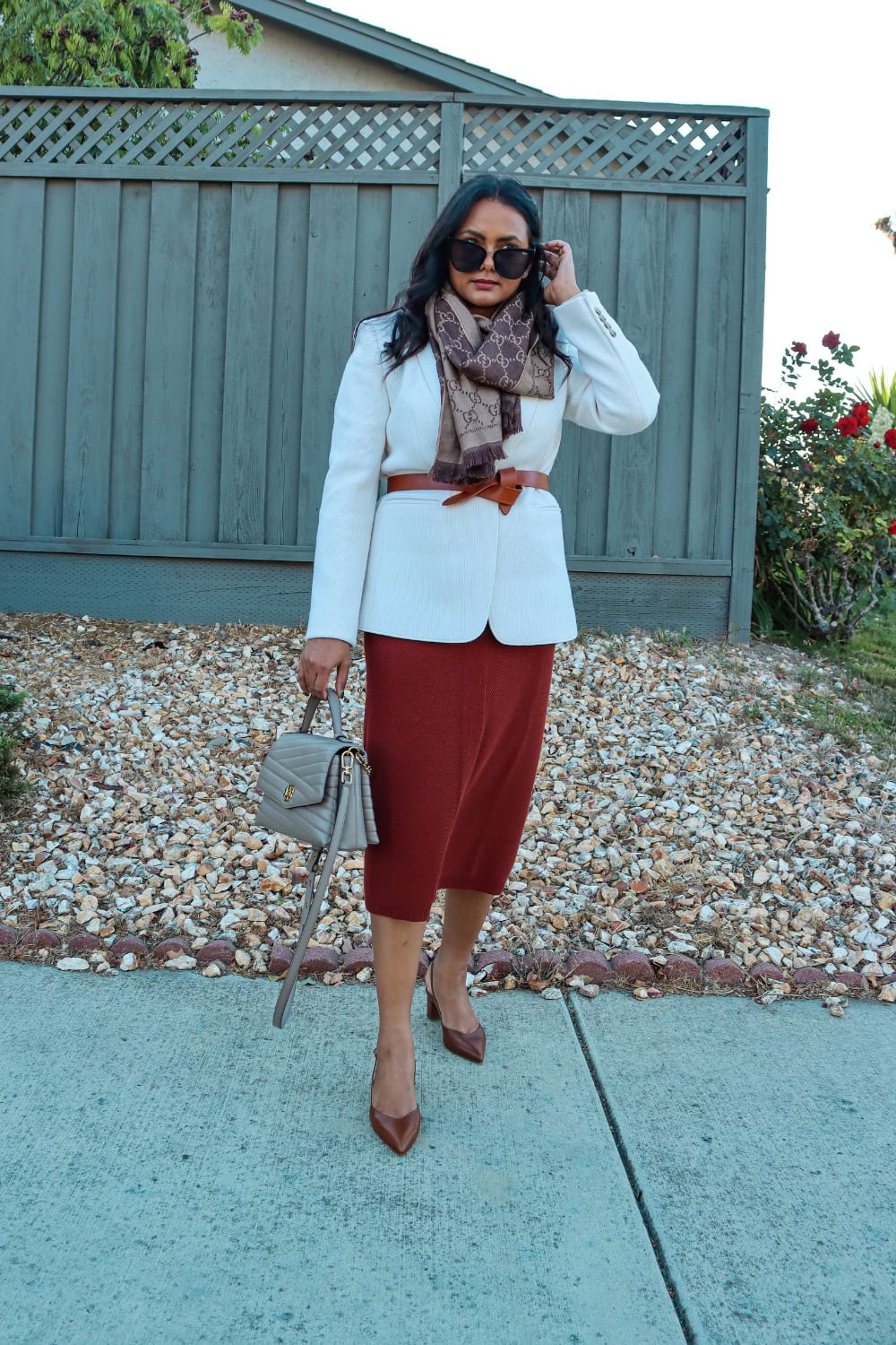 White Blazer with Midi Sweater Dress