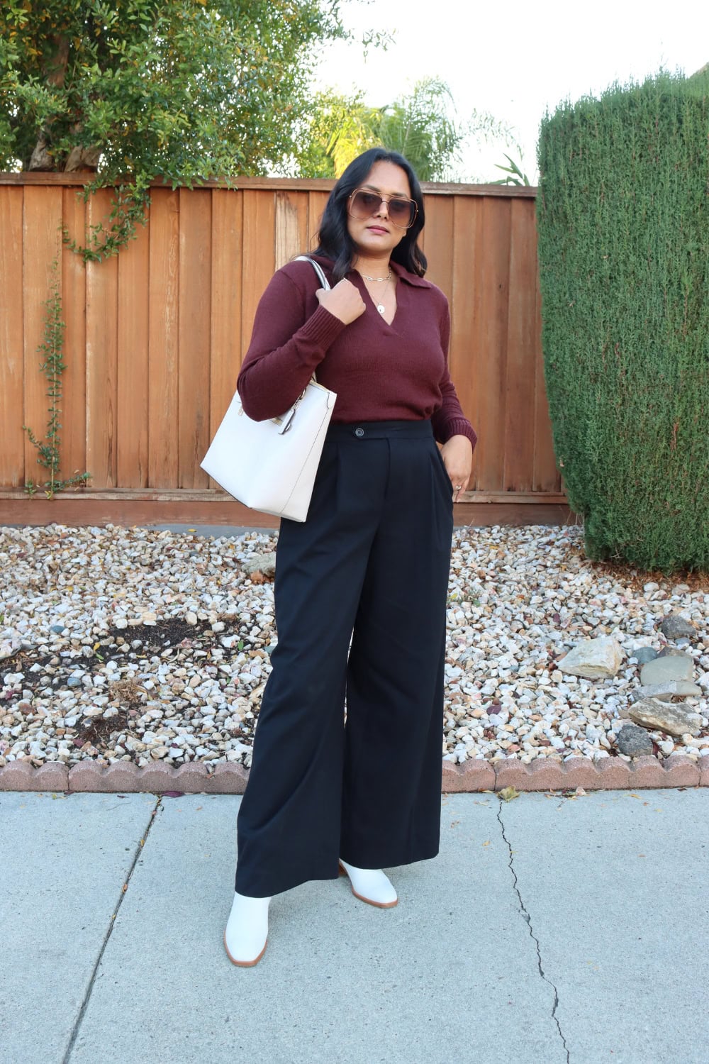 Collared Sweater with black pants and white ankle boots