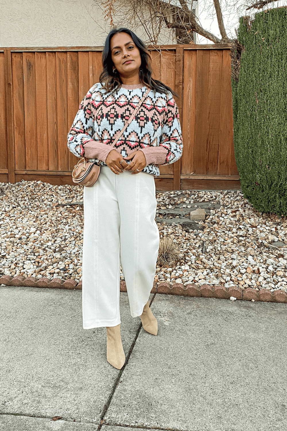 Fair Isle Sweater Wide Leg Pants Outfit
