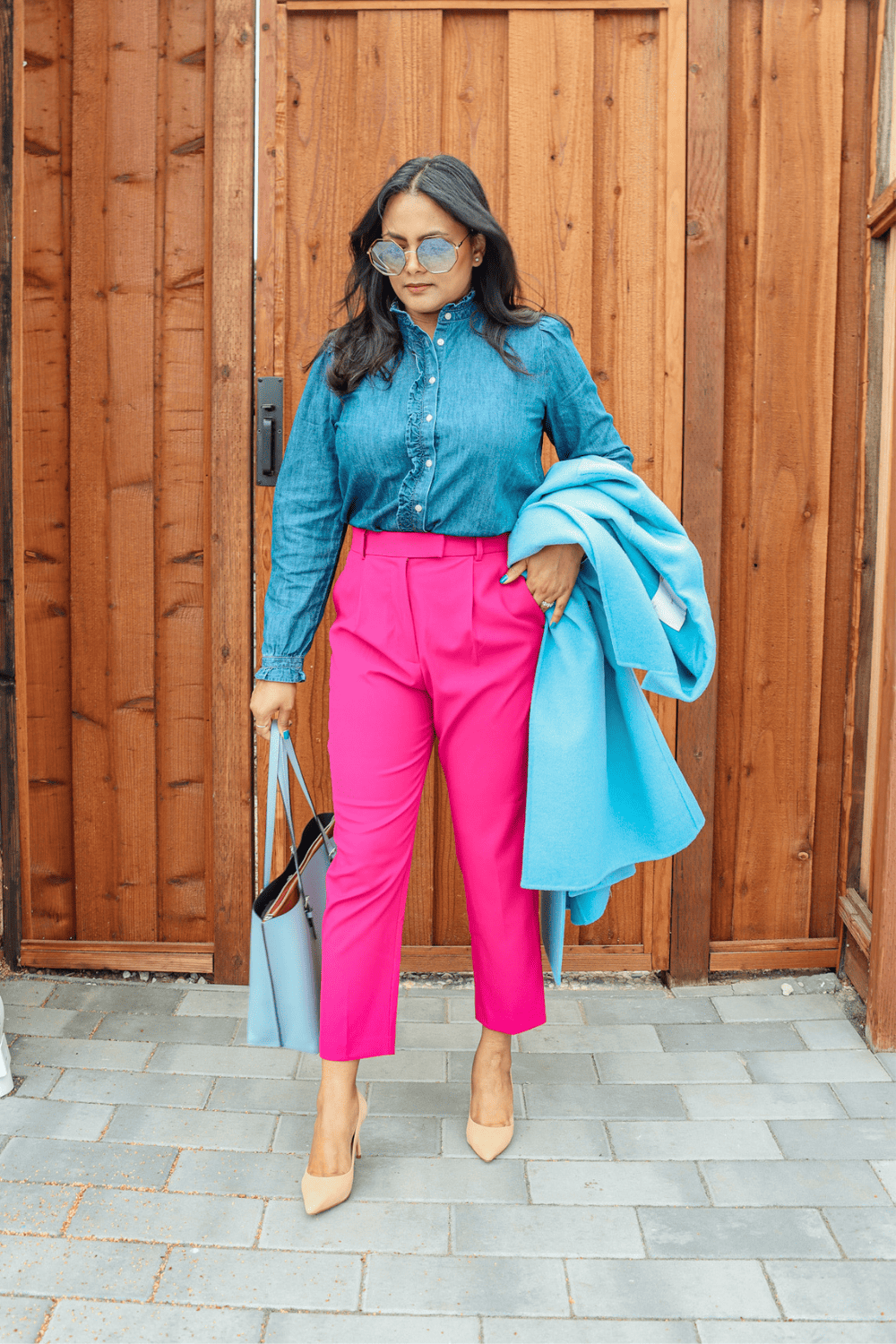 Pink Trousers with Denim Shirt