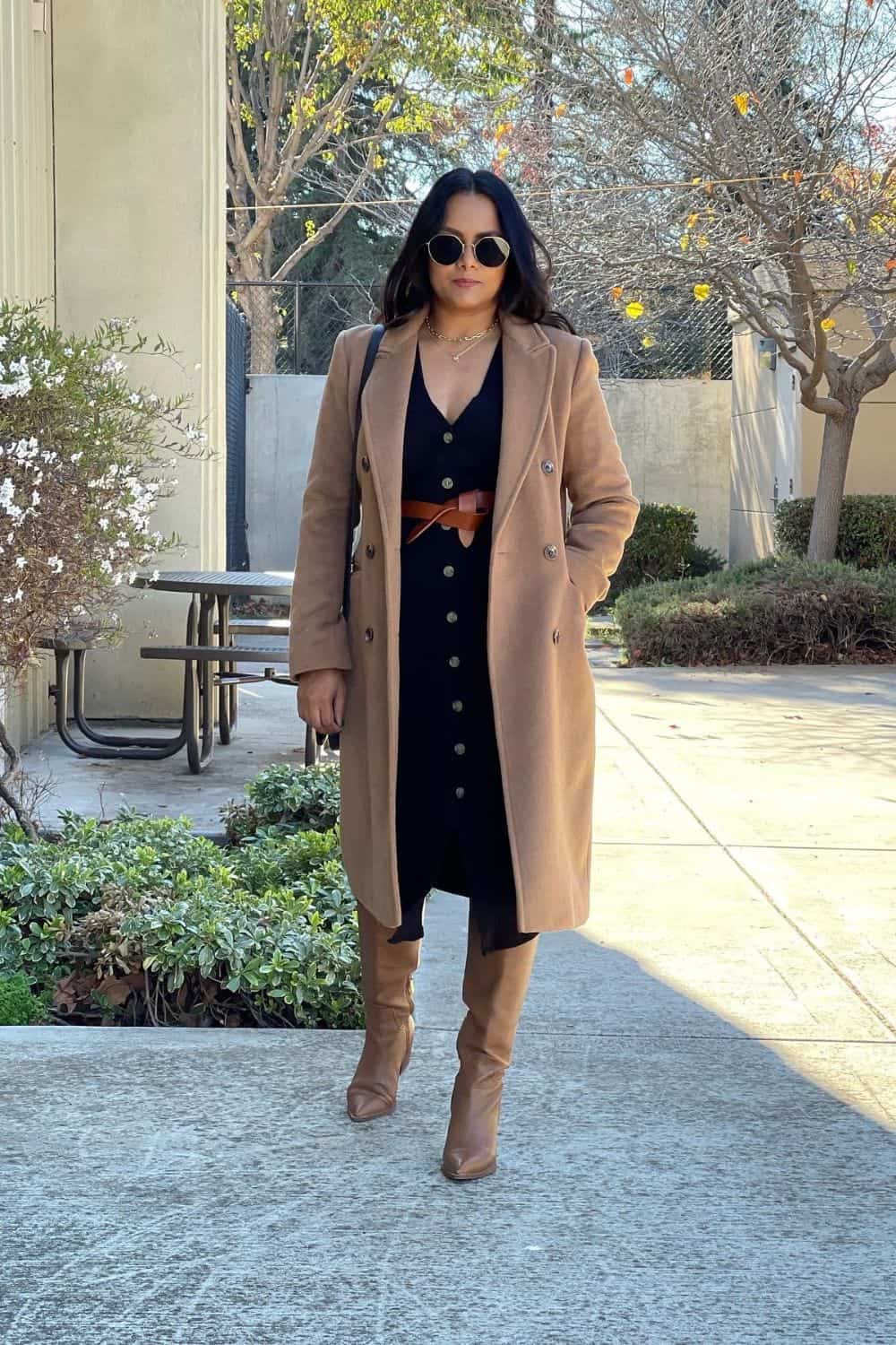 Winter layering outfit with wrap belt
