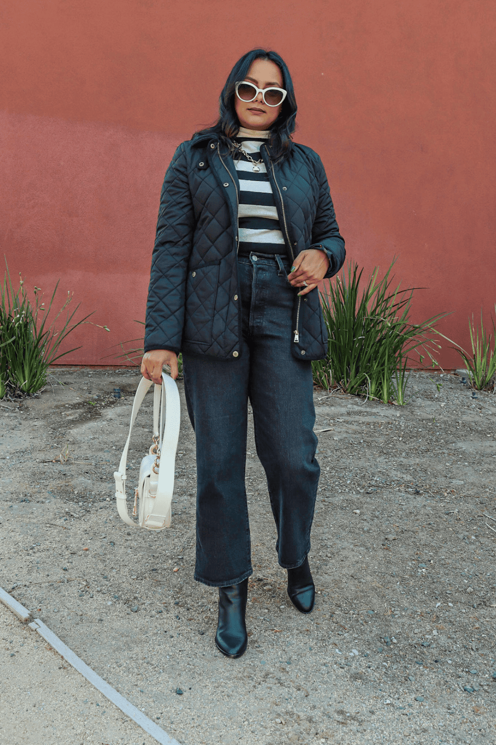 Millennial Striped Top Outfit formula for fall with quilted jacket