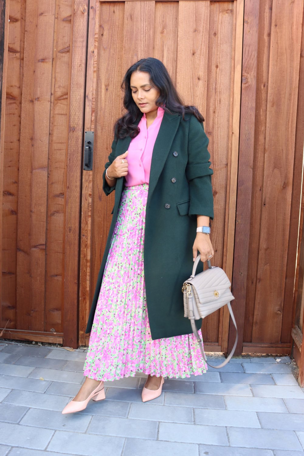 Pleated skirt with long coat outfit