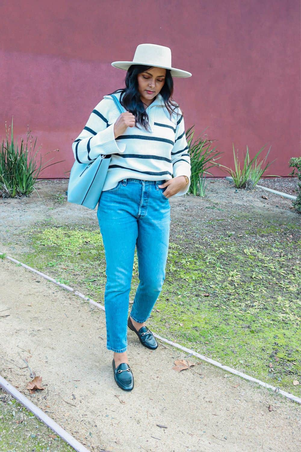 Collared striped oversized sweater with jeans
