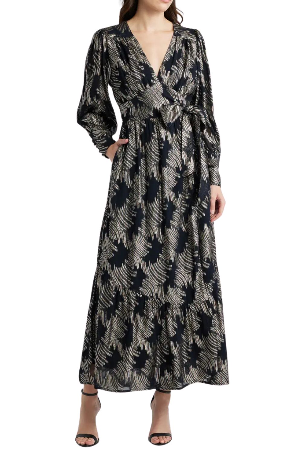 Puff Sleeve Maxi Dress in Metallic Finish