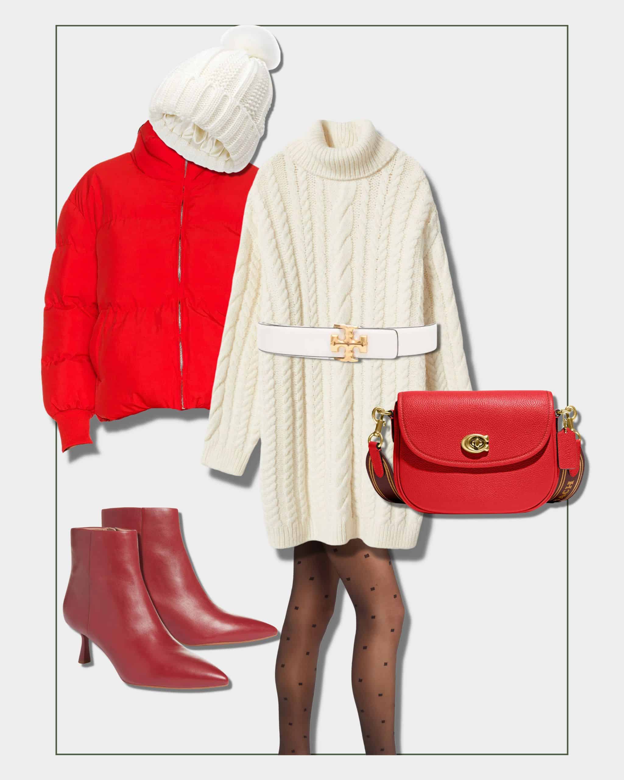 Christmas outfit with white sweater dress, red puffer jacket, red ankle boots and tights