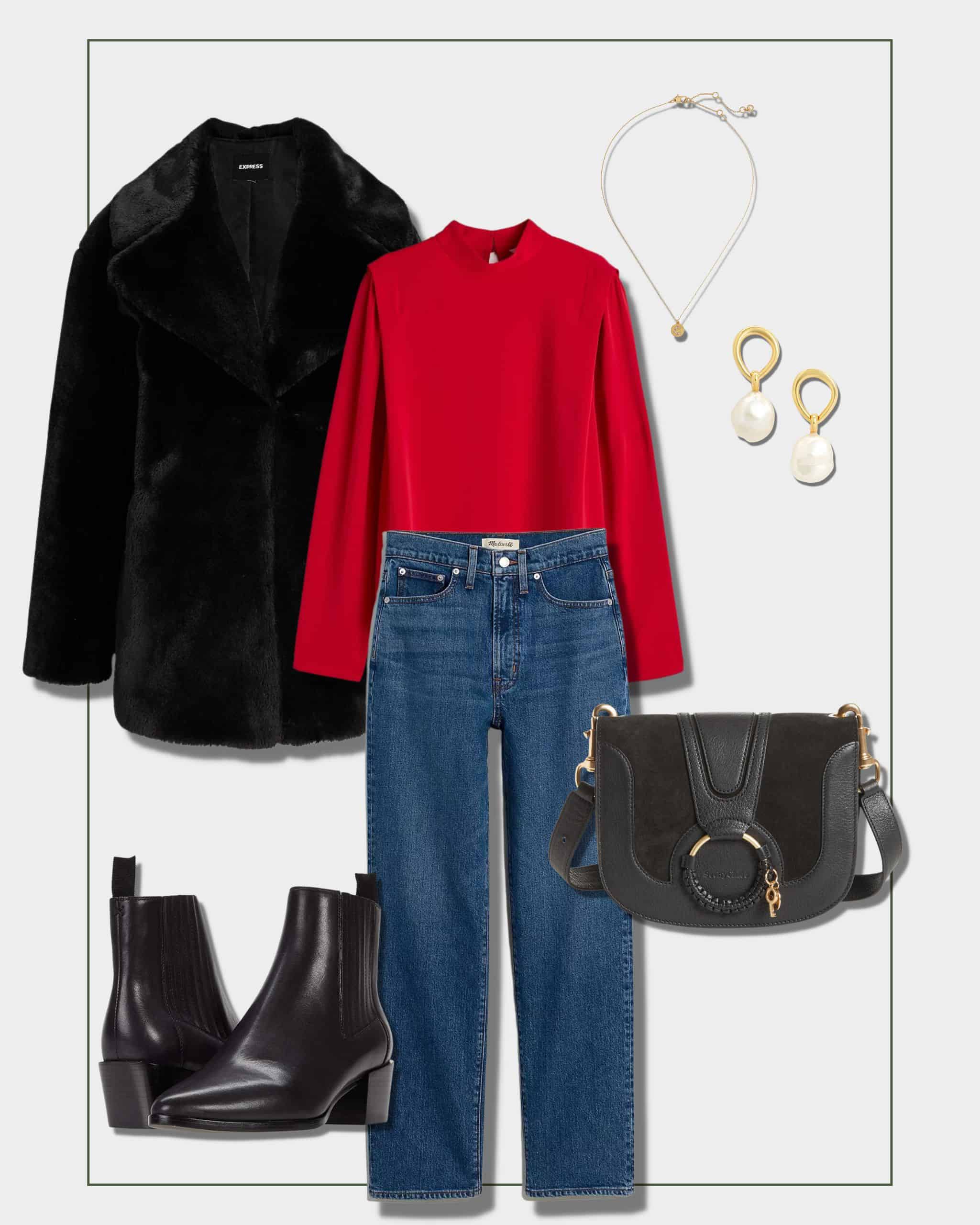Christmas holiday outfit with satin blouse, faux fur coat, blue jeans and ankle boots