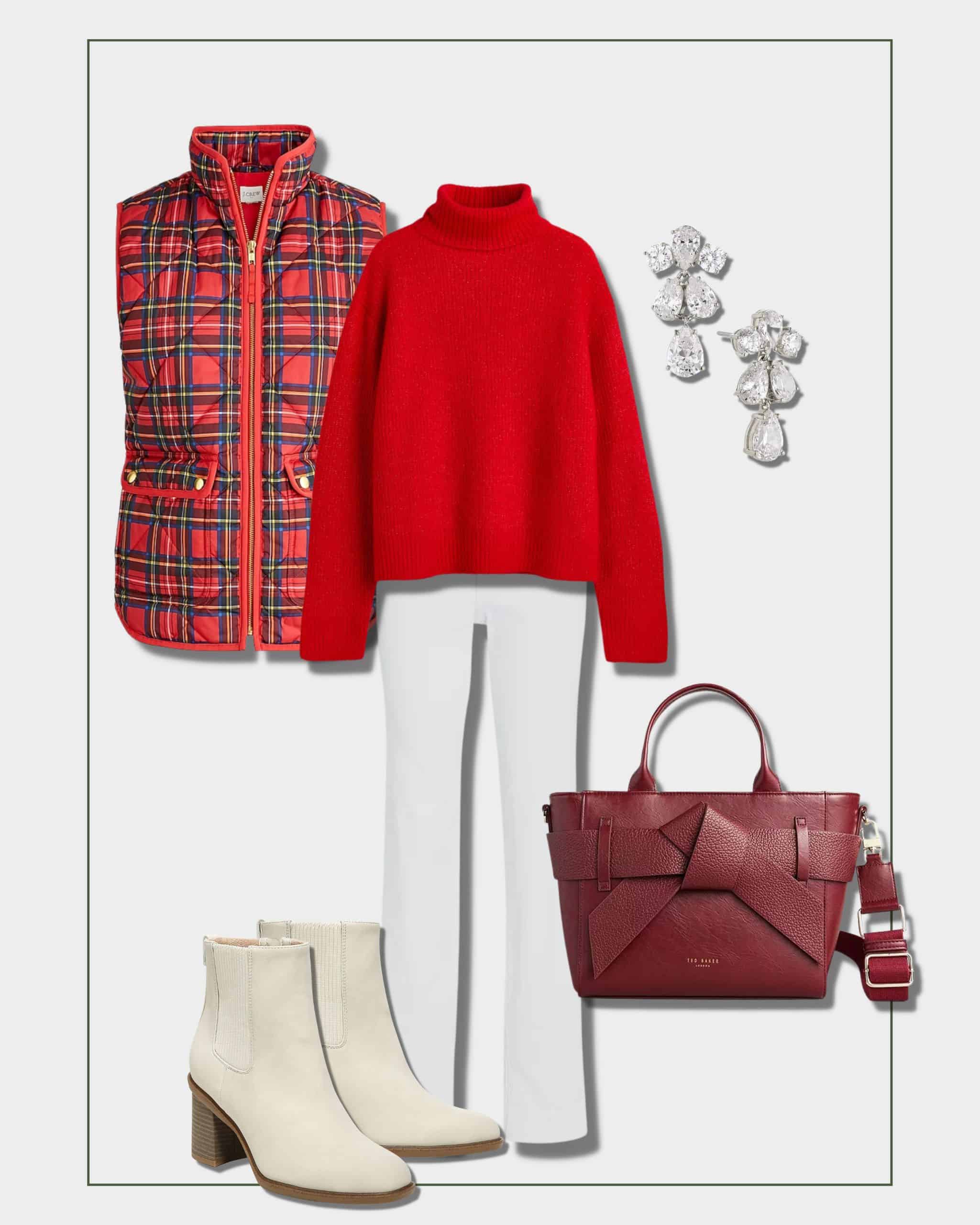 Christmas outfit with red oversized sweater, white jeans, white ankle boots and red plaid vest