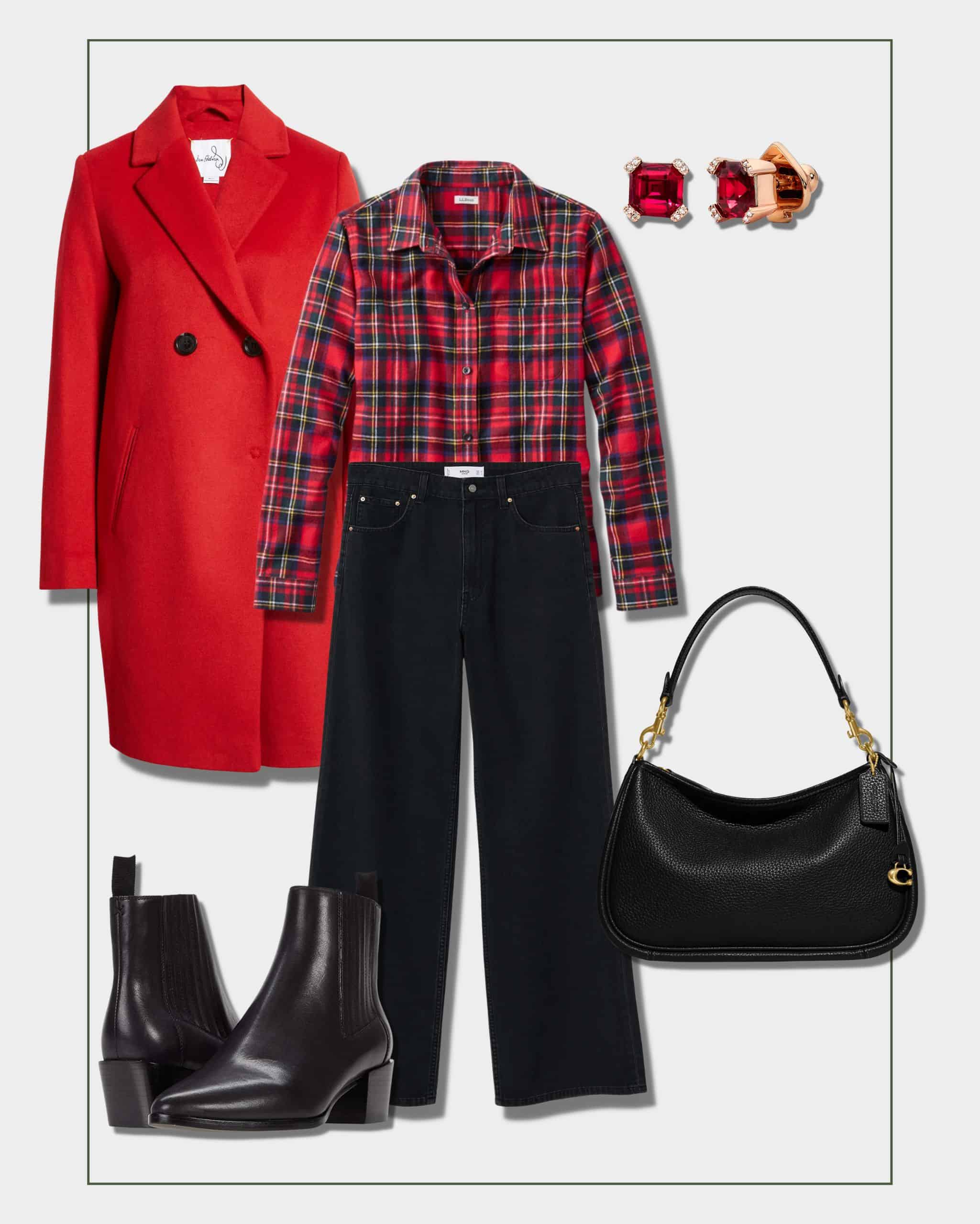 Christmas outfit with plaid shirt red coat wide leg jeans and ankle boots