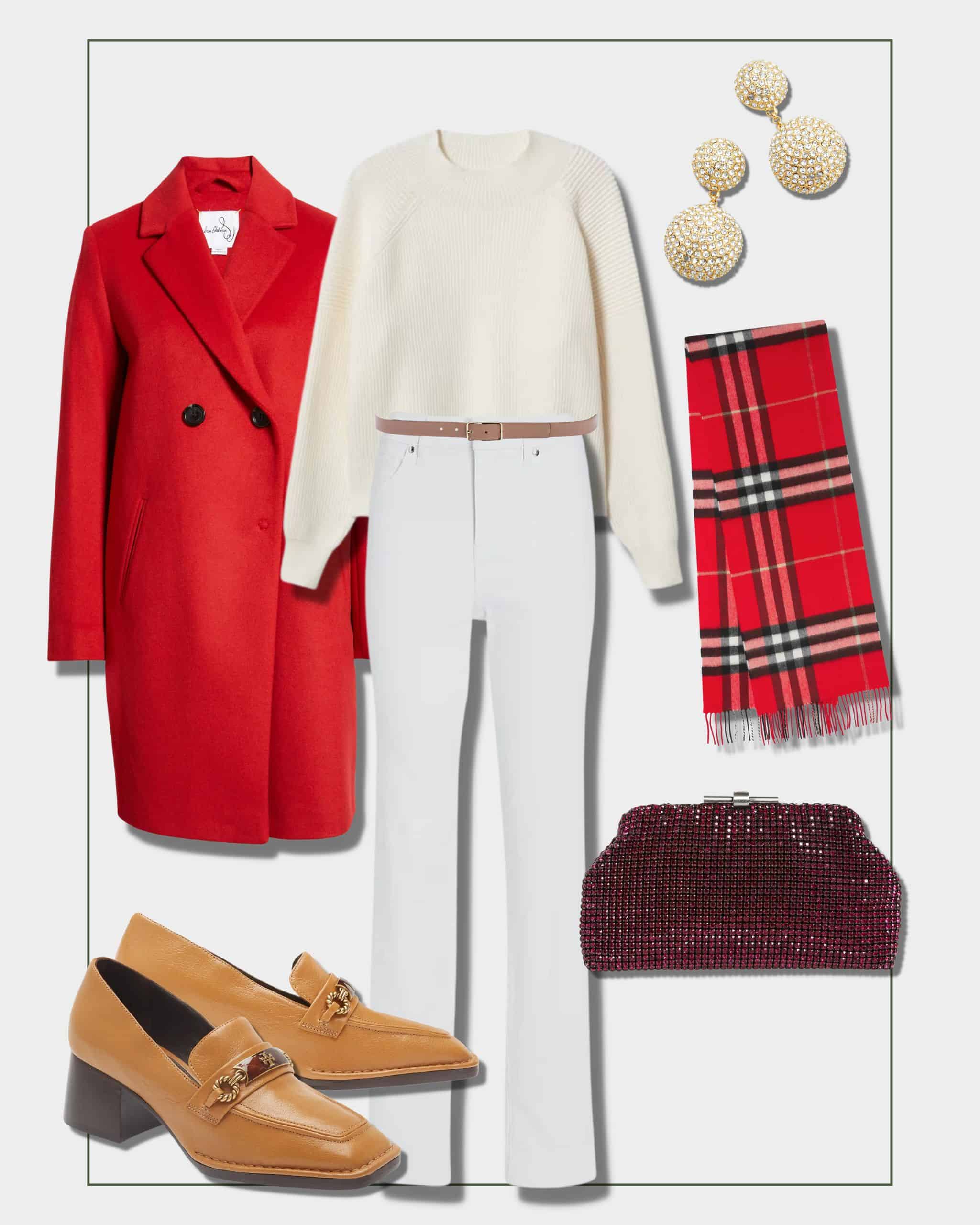 Casual Christmas outfit with white sweater, jeans and red coat