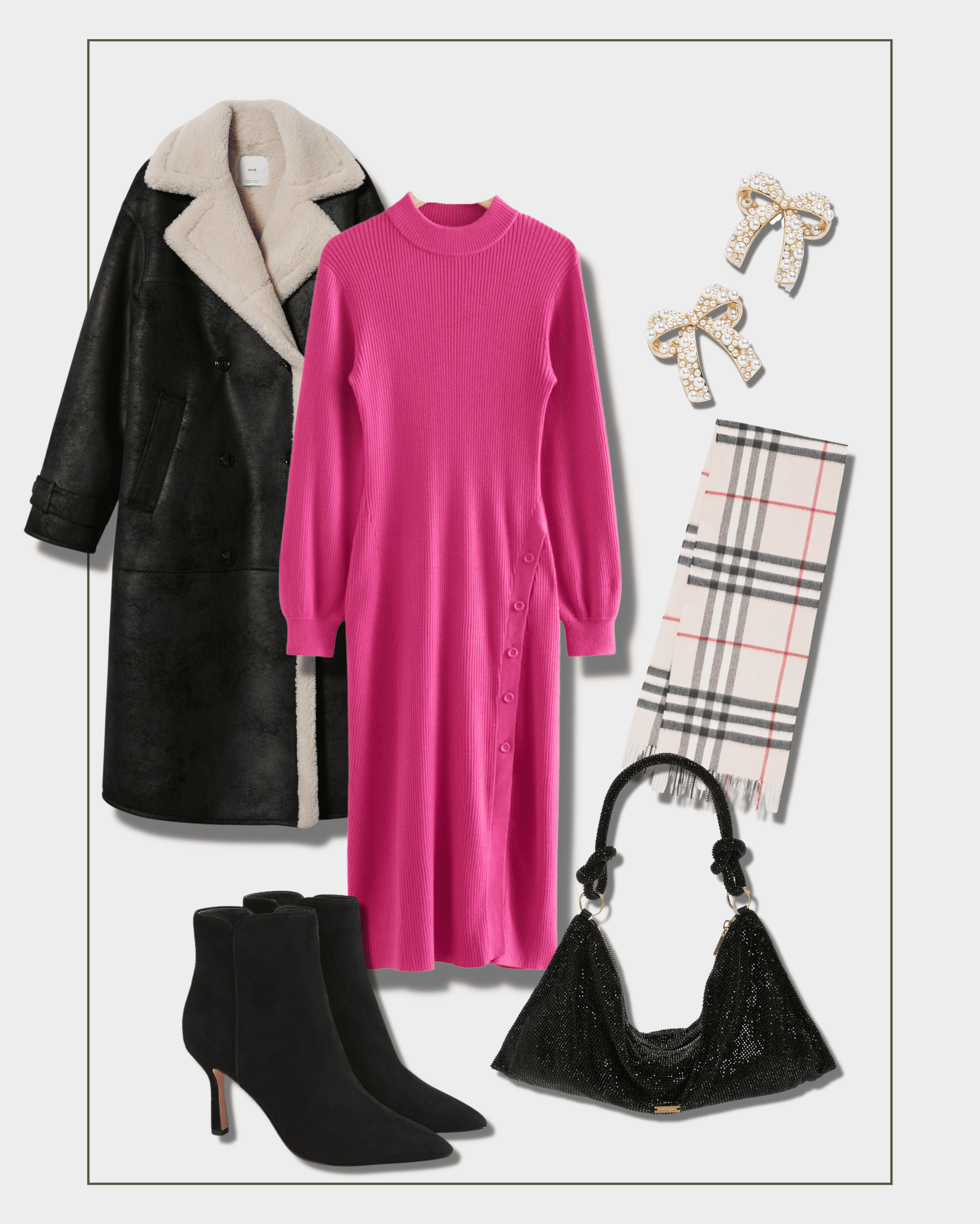 Christmas outfit with sweater midi dress black ankle boots black coat and scarf