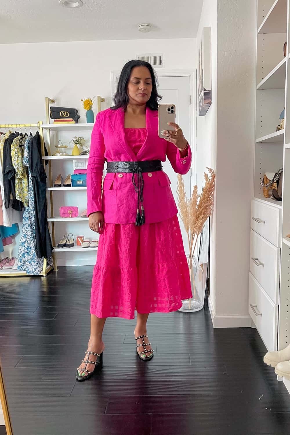 All Pink Monochromatic outfit with contrasting belt