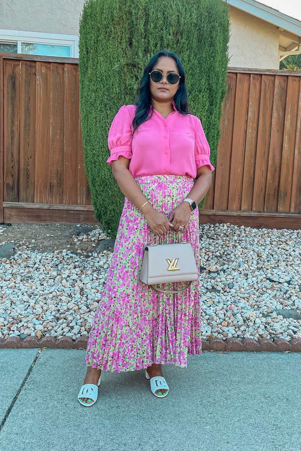 Pink Monochromatic outfit with printed skirt