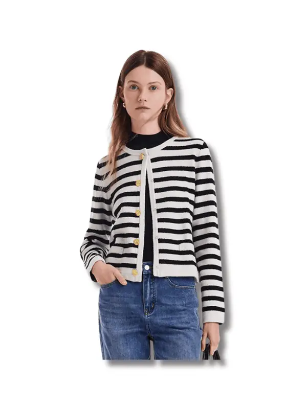 Button Up Woolen Striped Lady Cardigan
