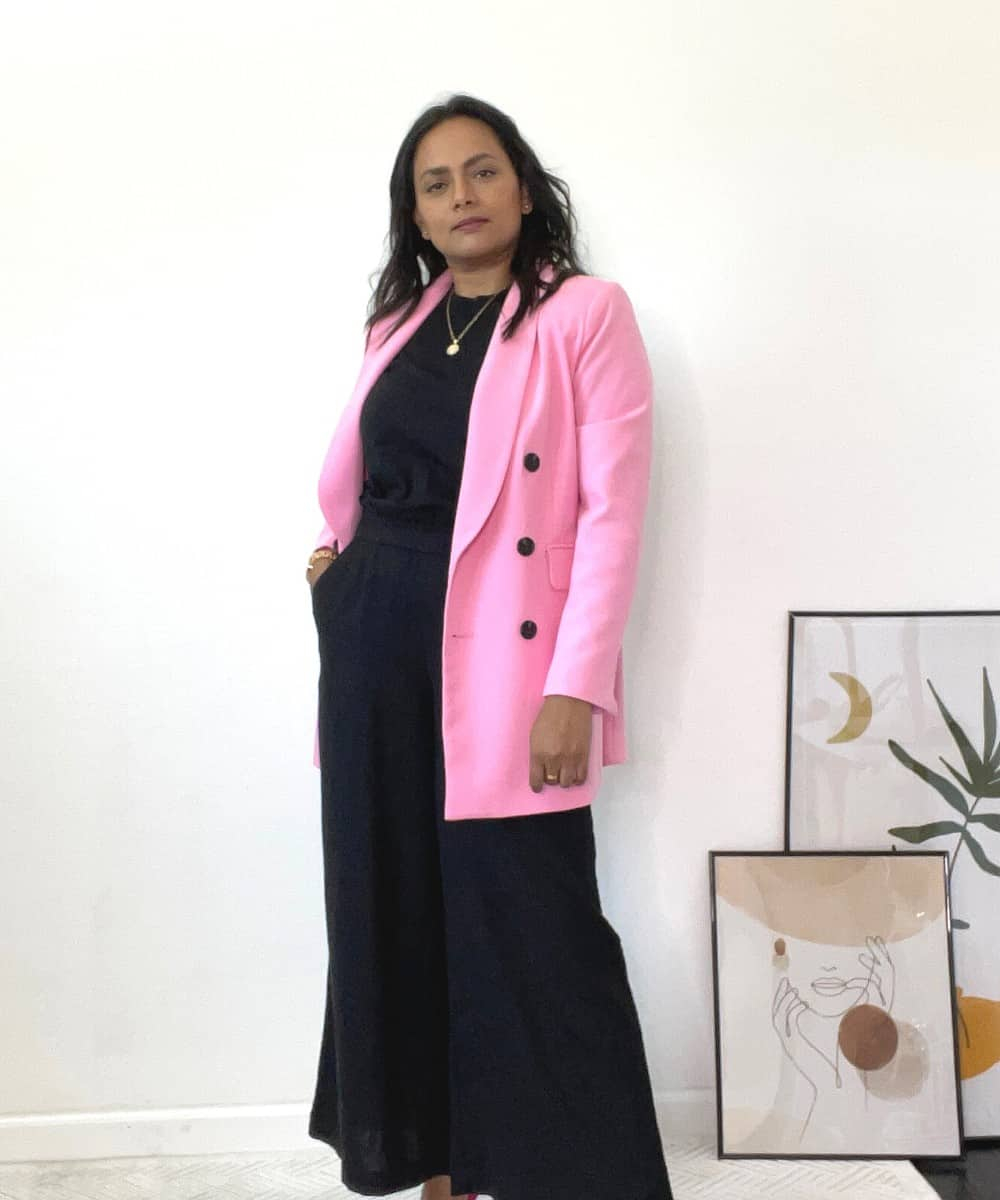 Casually wear linen pants with pink blazer