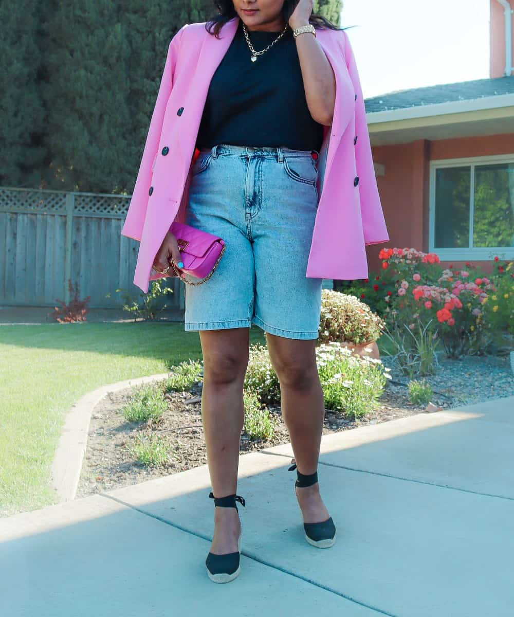 Casual pink blazer outfit with shorts