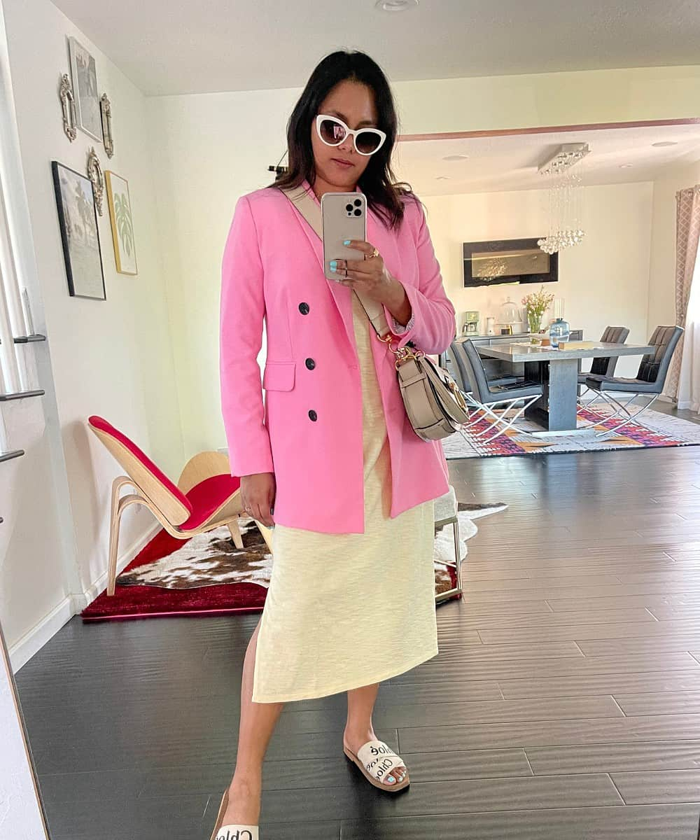 Casual t shirt dress outfit with pink blazer
