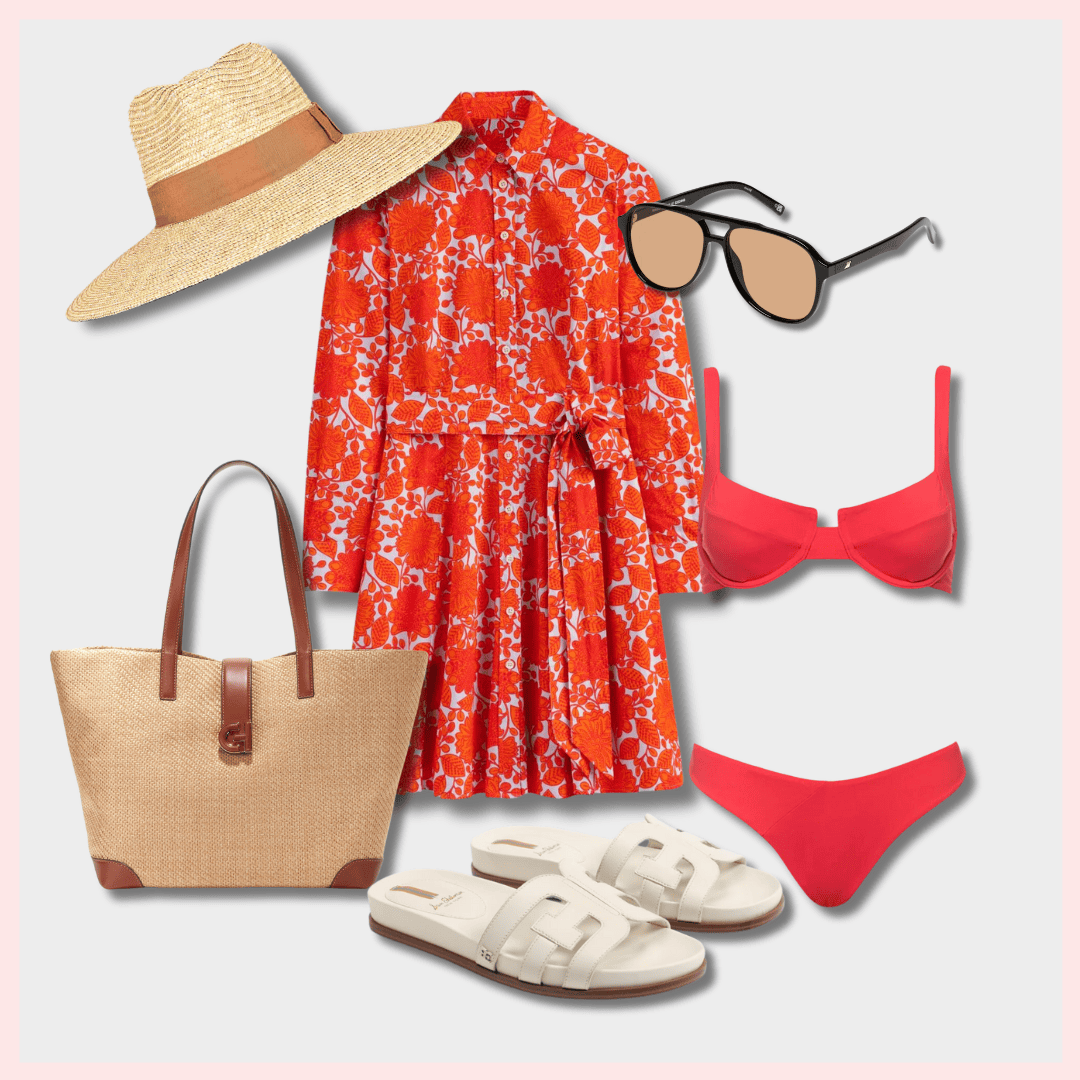a red dress and beach accessories