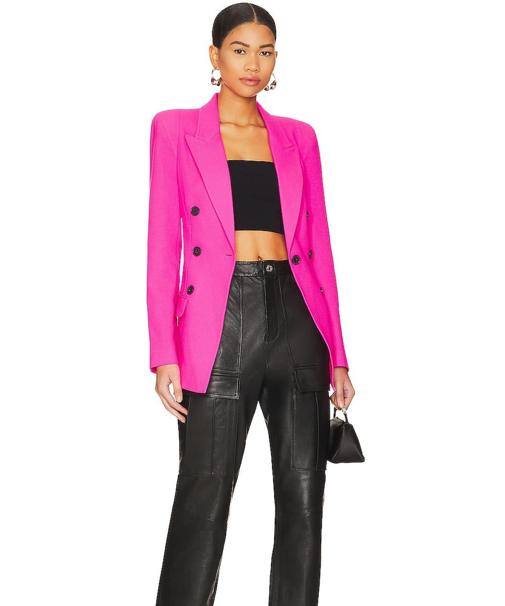 What to wear with pink blazer - Black Leather pants