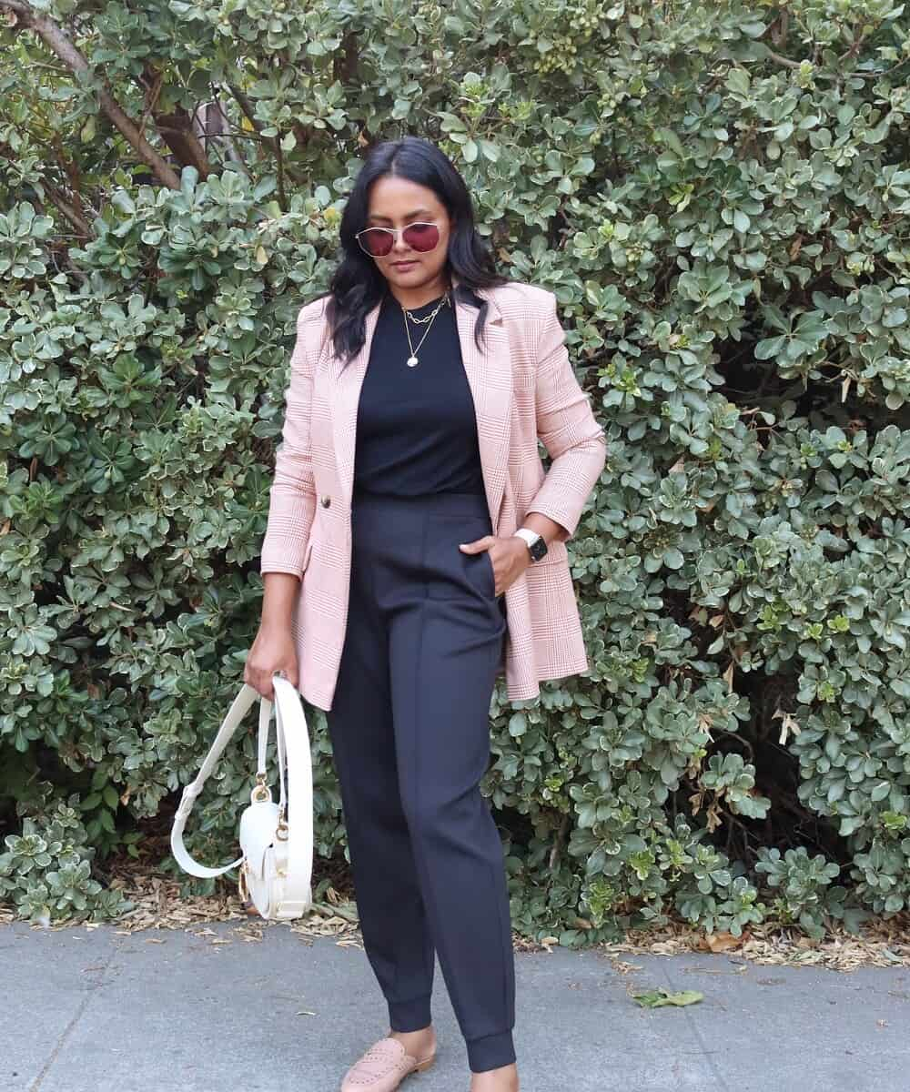 what to wear with a pink blazer - joggers