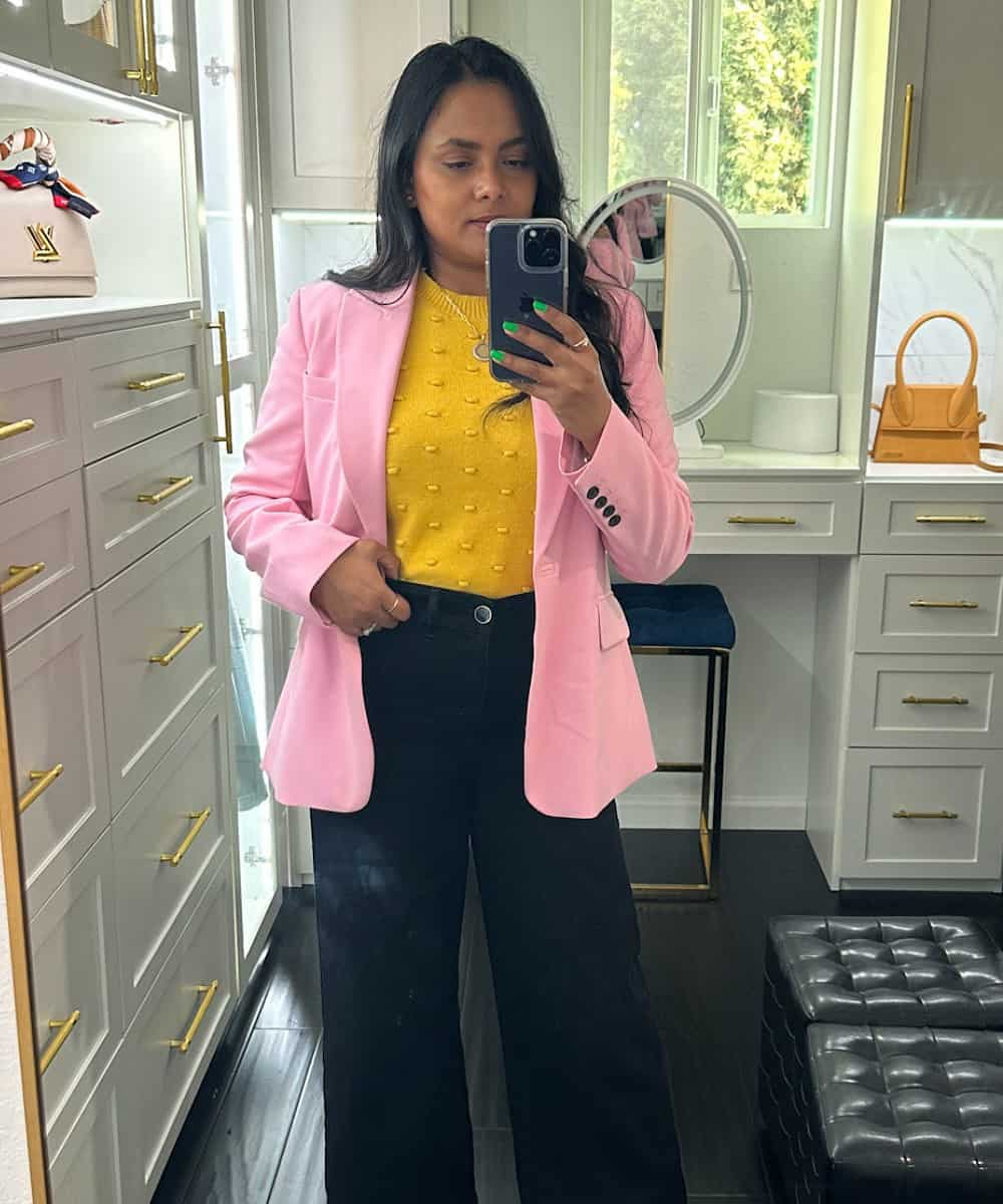 What to wear with Pink Blazer - Black wide Leg Jeans