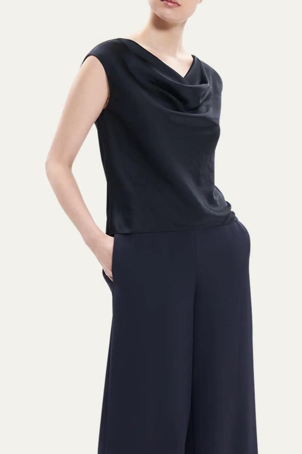 Theory Cap Sleeve Crushed Satin Cowl Neck Top
