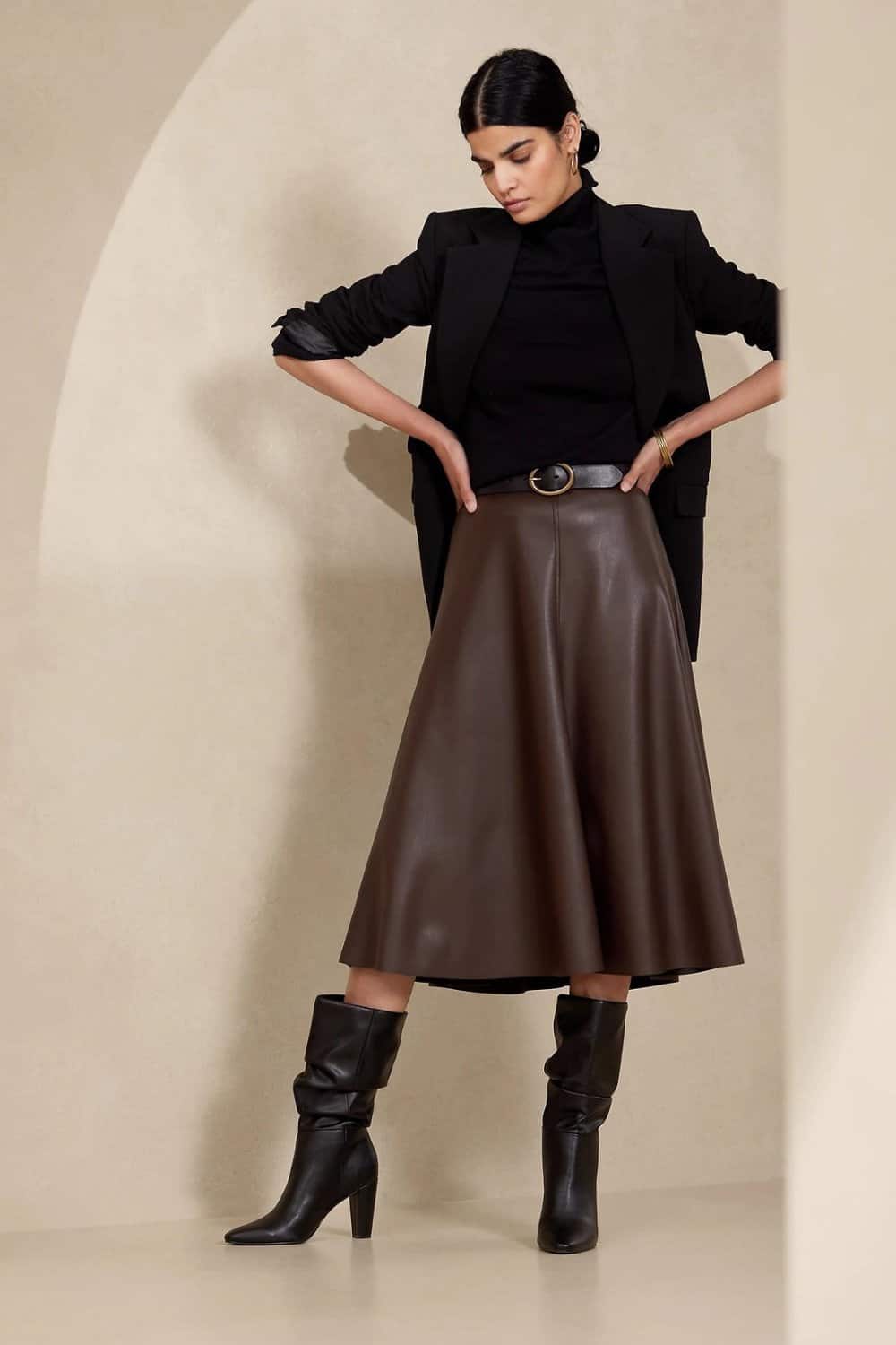 Fall Winery Outfit with Faux Leather Skirt