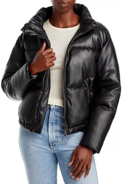 Aqua Black Faux Leather Puffer Jacket