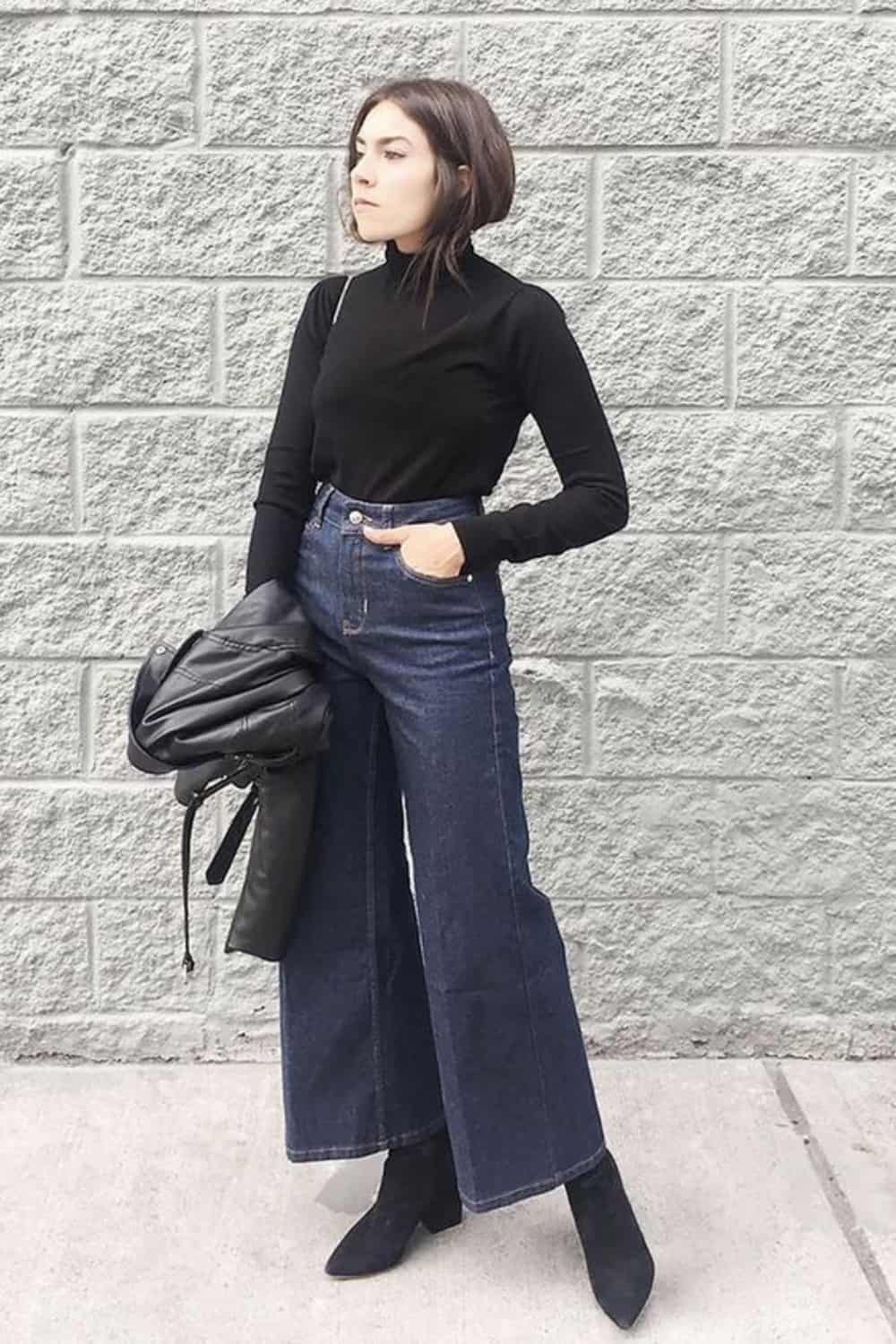 Black Ankle Boots with Dark wash Wide Leg Jeans