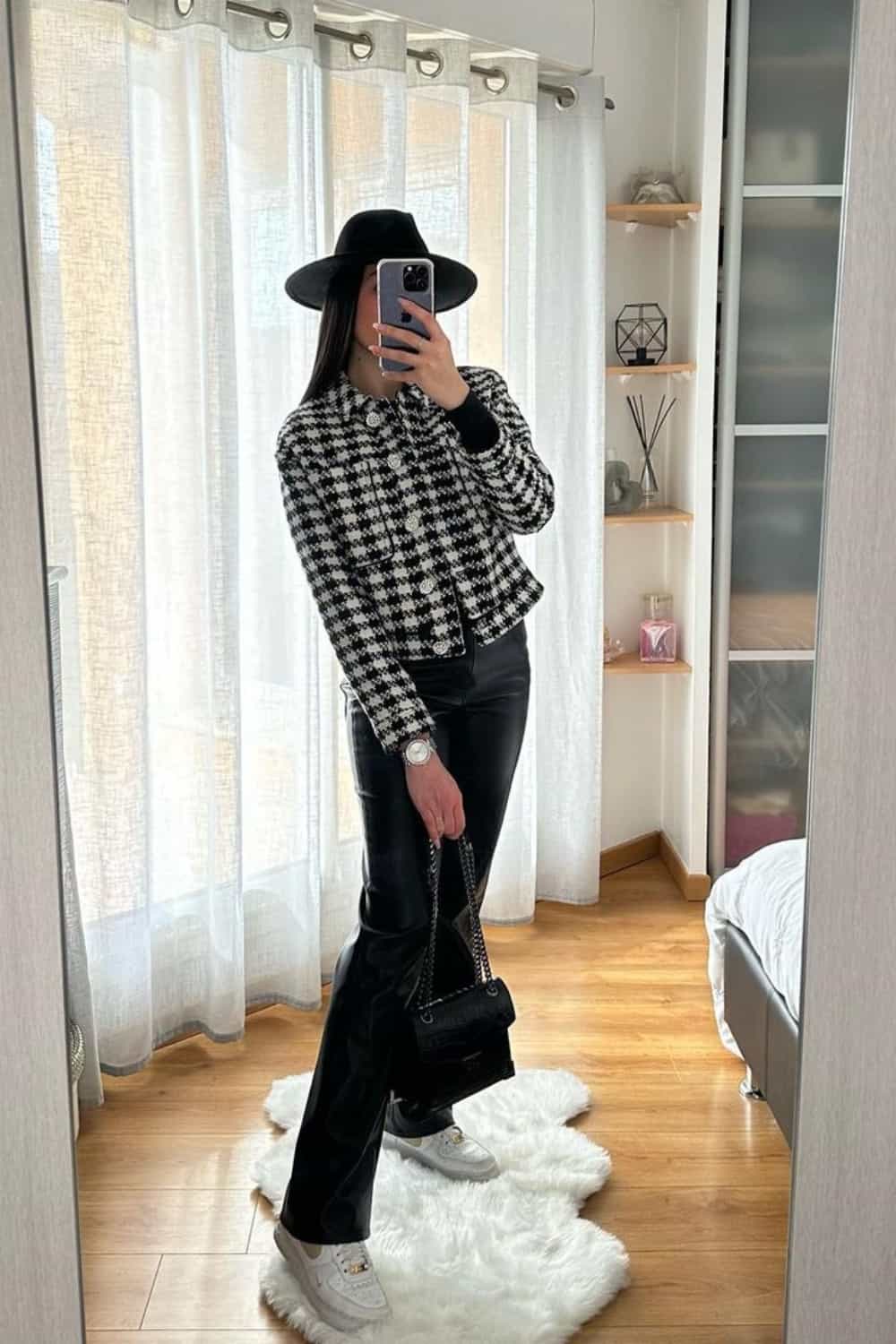 Fedora hat outfit with Faux Leather Pants, Staple Shirt Topped with Boucle Jacket