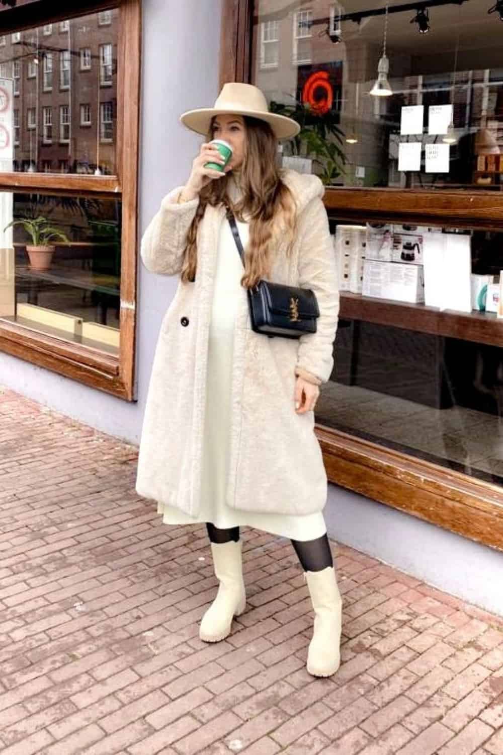 Fedora hat outfit with Knit Midi Dress, a Thick Matching Coat and Elegant Accessories