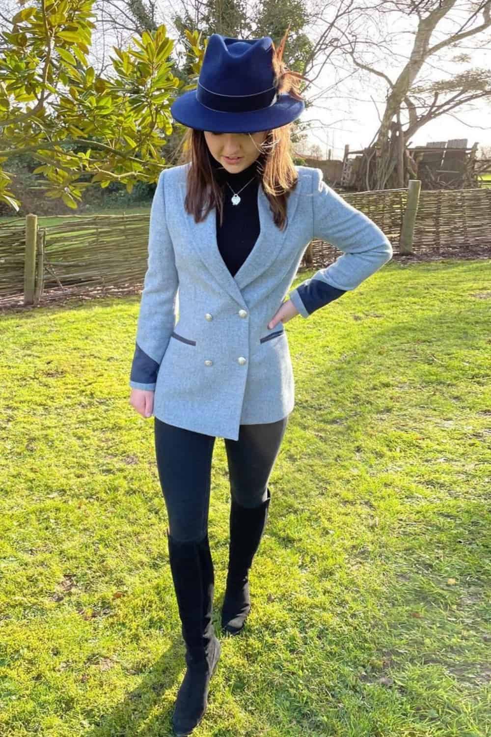 Fedora hat outfit with Blazer, Cozy Turtleneck, Leggings and Knee-High Boots