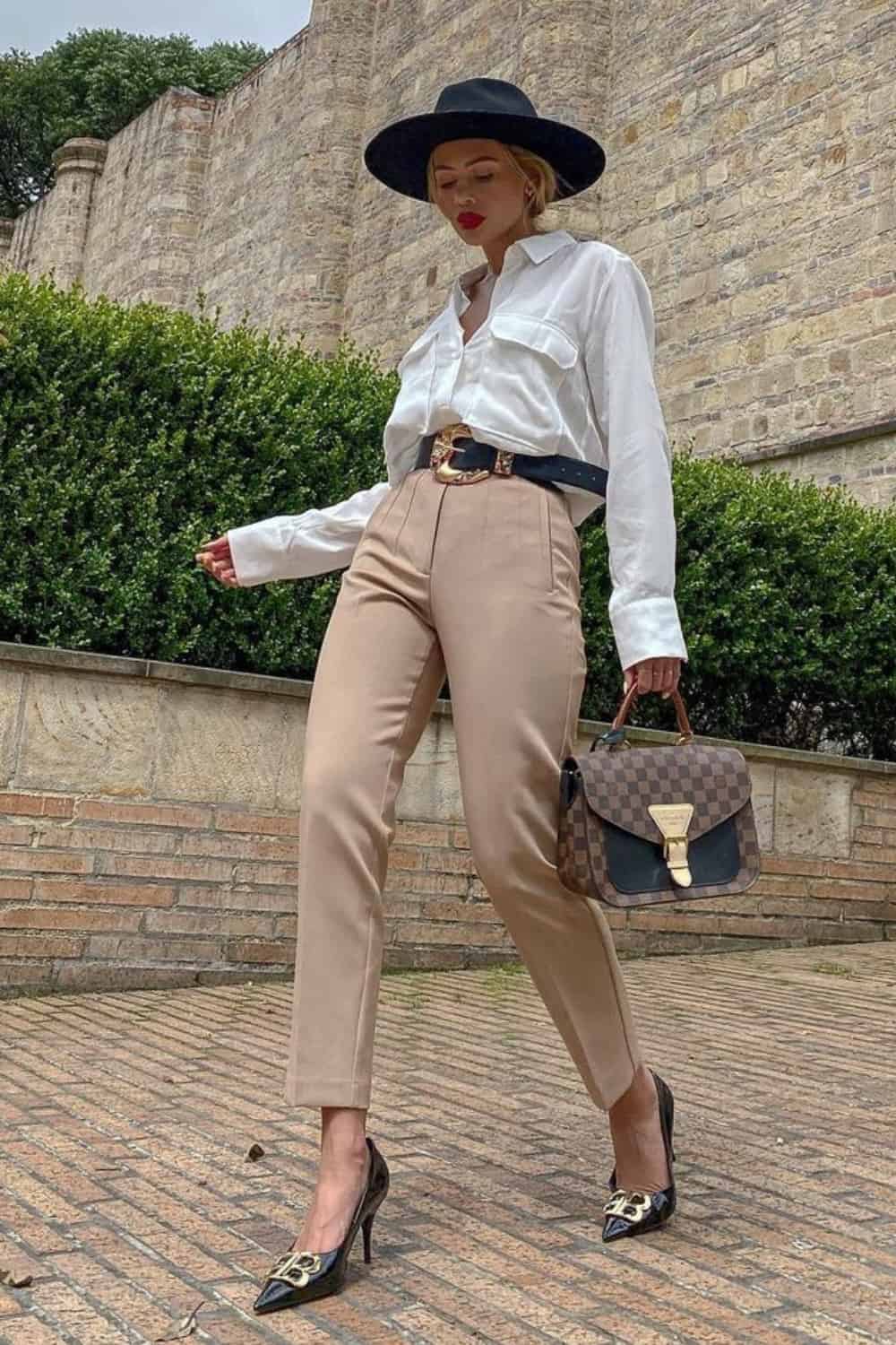 Fedora Hat Outfit with Button-Down Blouse, Ankle-Length Pants and a Statement Belt