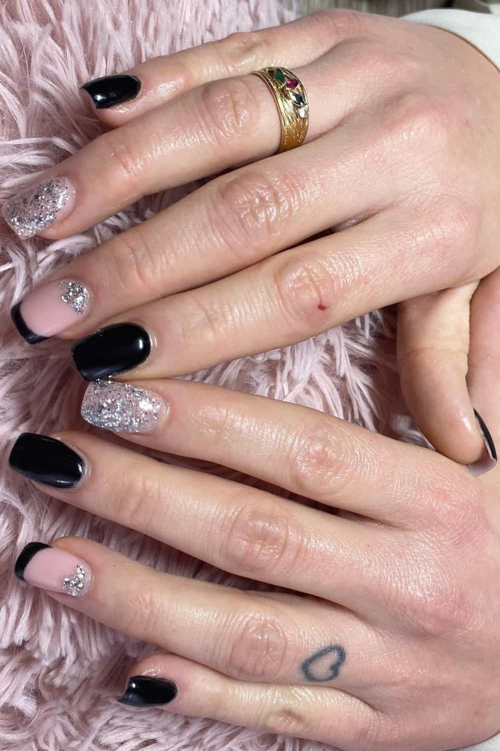 Glittery Pink-Black Nail Design