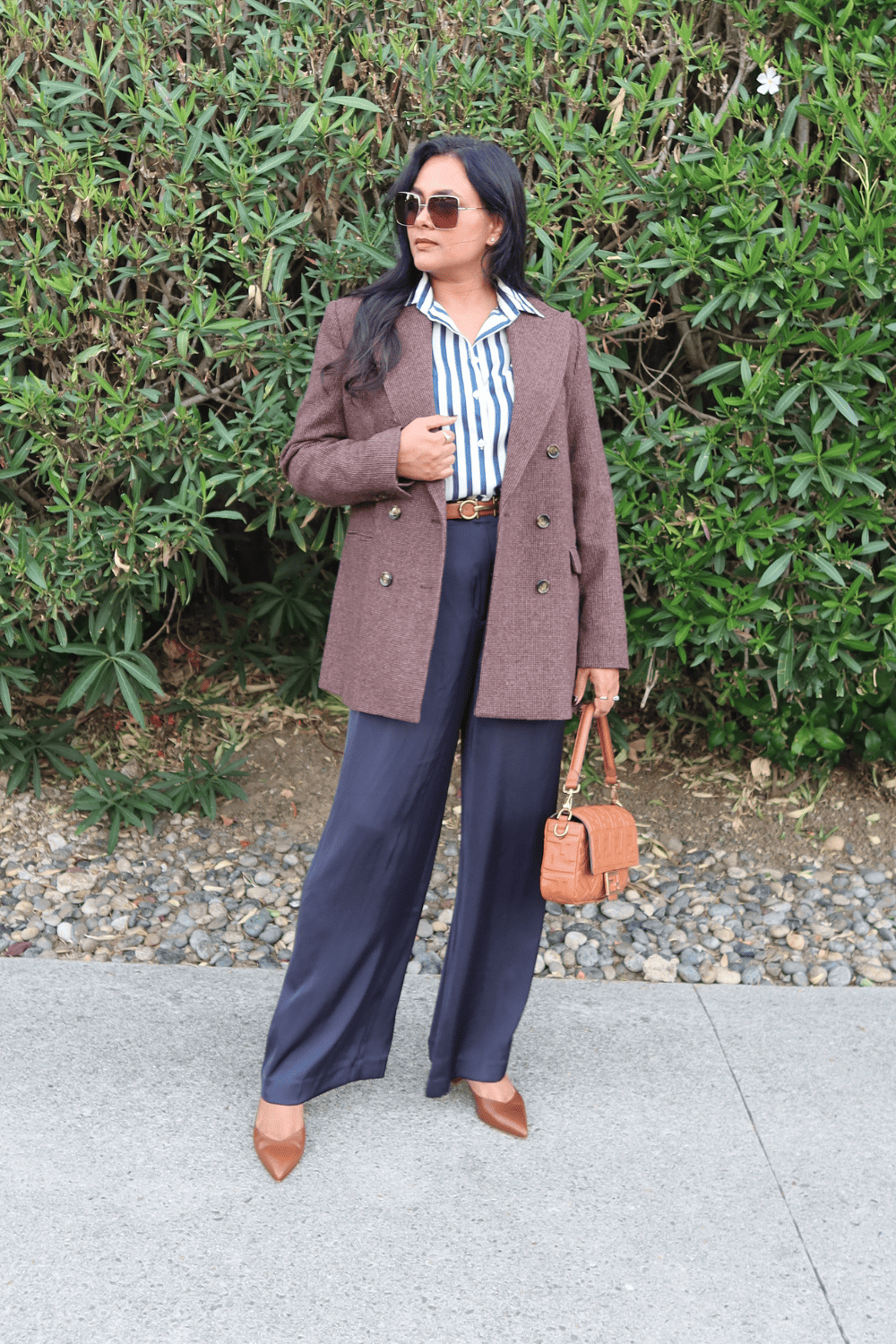 Satin pants outfit with striped shirt and blazer