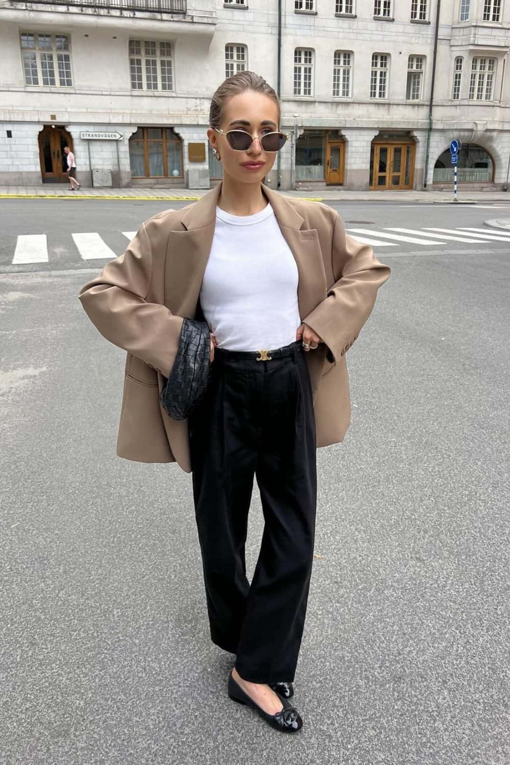 Satin pants outfit with white tee, blazer and ballet flats